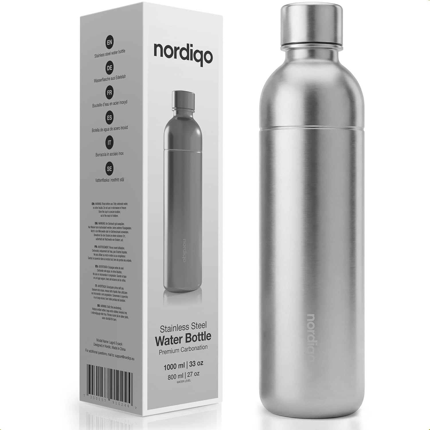 Stainless Steel Carbonating Bottle 33 oz | Compatible with Aarke Carbonator 3, SodaStream Duo & Plastic Bottles | Not for models Aqua Fizz & Jet | No Expiry | Plastic-Free