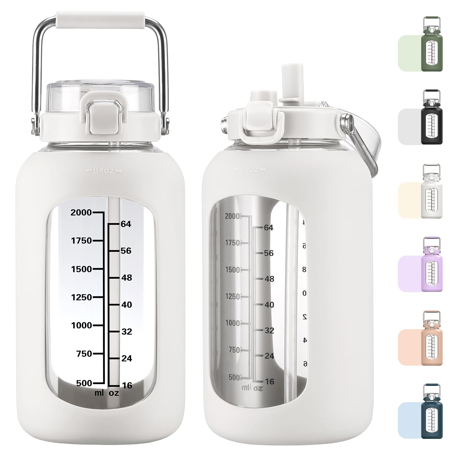 MUKOKO 100oz Glass Water Bottle with Time Marker and Silicone Sleeve 3L Large Water Jug with Stainless Steel Handle Gallon Drinking Bottle with 2-in-1 Lid Wide Mouth BPA Free, Purple