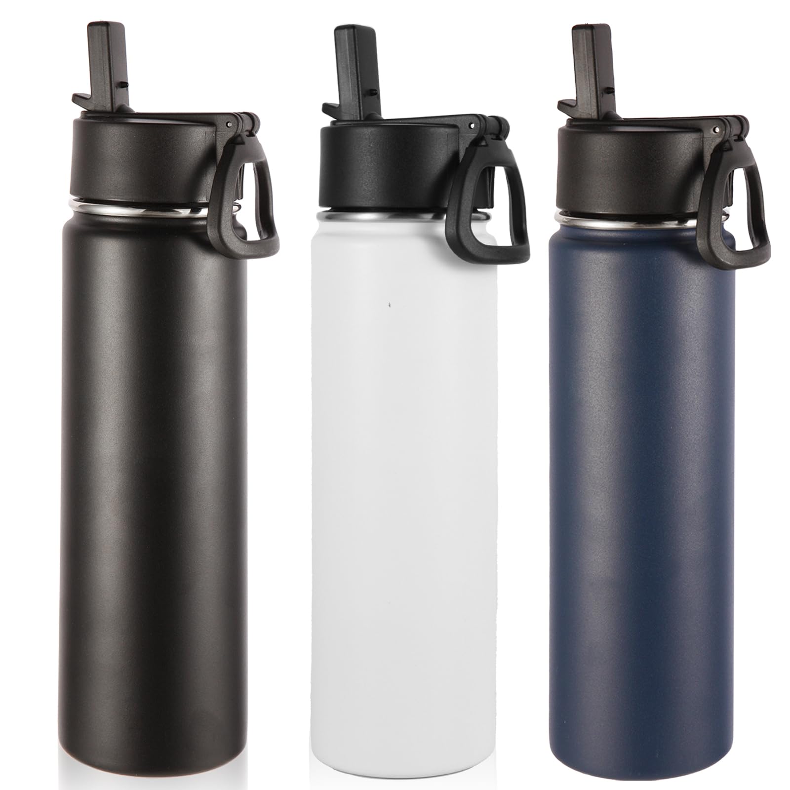 Volhoply 24oz Insulated Water Bottle With Straw Bulk 8 Pack,Metal Wide Mouth Water Bottles With Handle Lid Keep Cold,Reusable Double Wall Cups,Powder Coated Sport Bottle For Holder(silver,8 count)