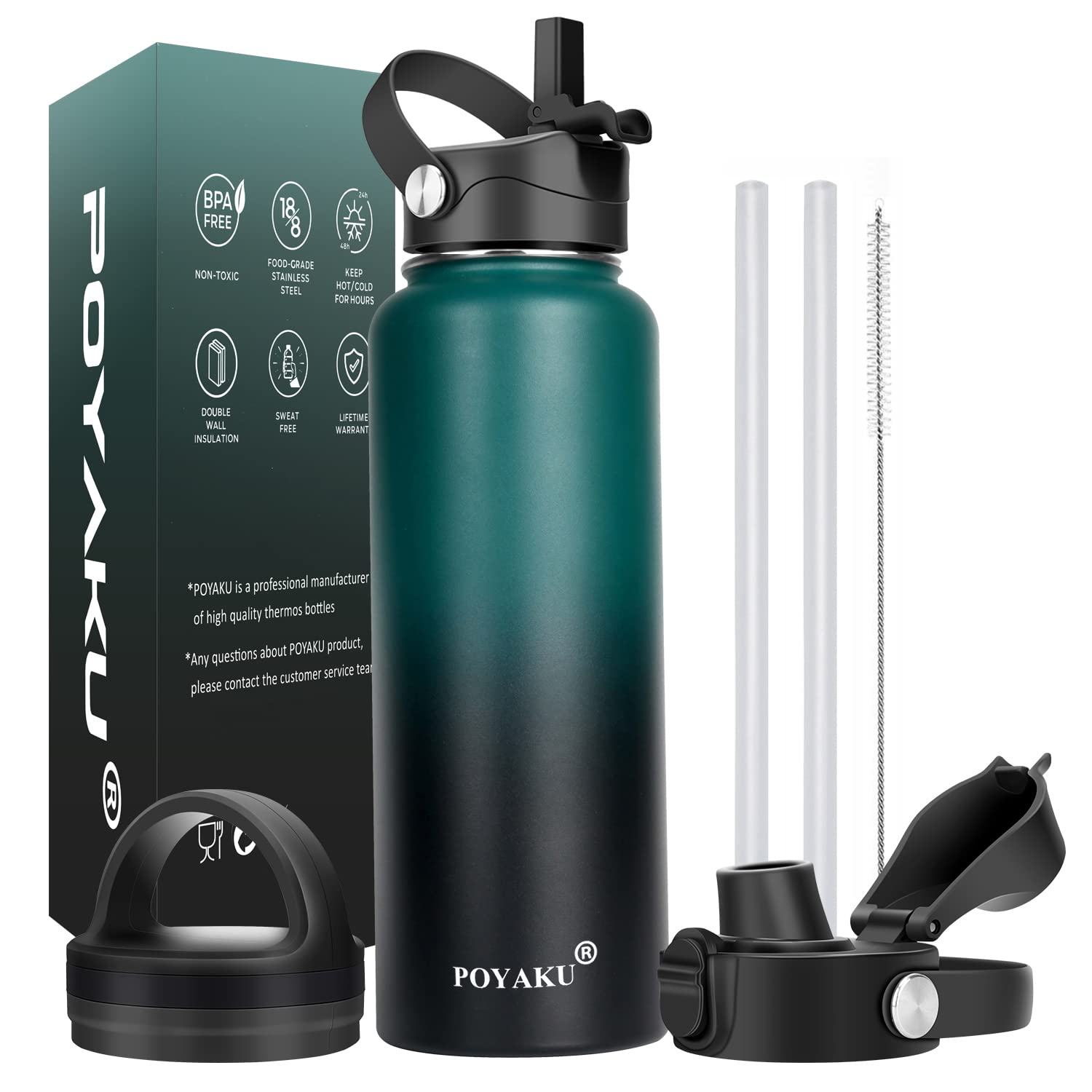 Water Bottle Insulated 32oz 40oz 64oz 128oz Straw Lid Spout Lid & 3 Lids, Leak Proof, Vacuum Insulated,Stainless Steel Water Bottle Wide Mouth for Sports, Gym or Office