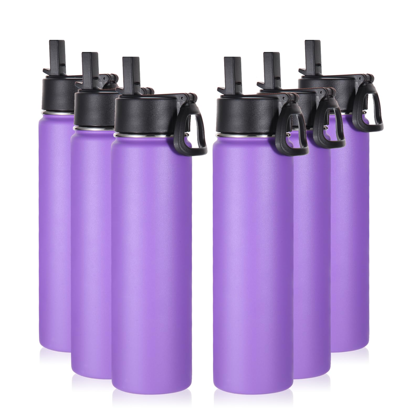 Volhoply 24oz Insulated Water Bottle With Straw Bulk 8 Pack,Metal Wide Mouth Water Bottles With Handle Lid Keep Cold,Reusable Double Wall Cups,Powder Coated Sport Bottle For Holder(silver,8 count)