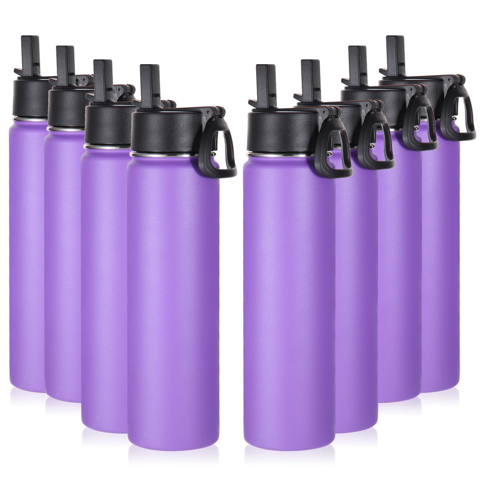 Volhoply 24oz Insulated Water Bottle With Straw Bulk 8 Pack,Metal Wide Mouth Water Bottles With Handle Lid Keep Cold,Reusable Double Wall Cups,Powder Coated Sport Bottle For Holder(silver,8 count)