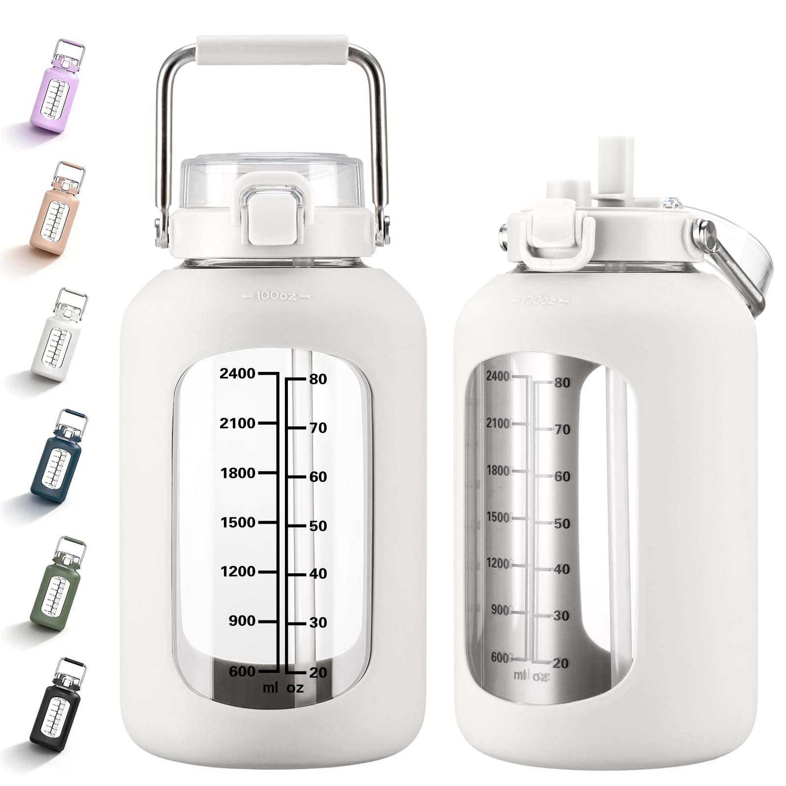 MUKOKO 100oz Glass Water Bottle with Time Marker and Silicone Sleeve 3L Large Water Jug with Stainless Steel Handle Gallon Drinking Bottle with 2-in-1 Lid Wide Mouth BPA Free, Purple