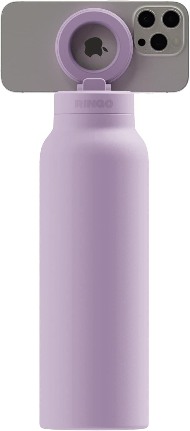 Ringo PRO Water Bottle with Magnetic Phone Mount & Sip Straw Lid - Insulated Stainless Steel Bottle for Workouts, Content Creation, Navigation & Facetime on the Go, 12Hrs Hot/24Hrs Cold Lilac-24oz