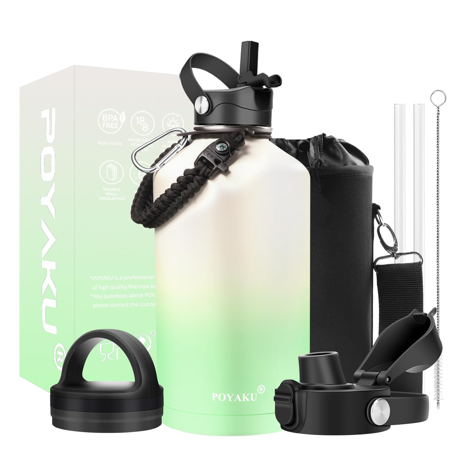 Water Bottle Insulated 32oz 40oz 64oz 128oz Straw Lid Spout Lid & 3 Lids, Leak Proof, Vacuum Insulated,Stainless Steel Water Bottle Wide Mouth for Sports, Gym or Office