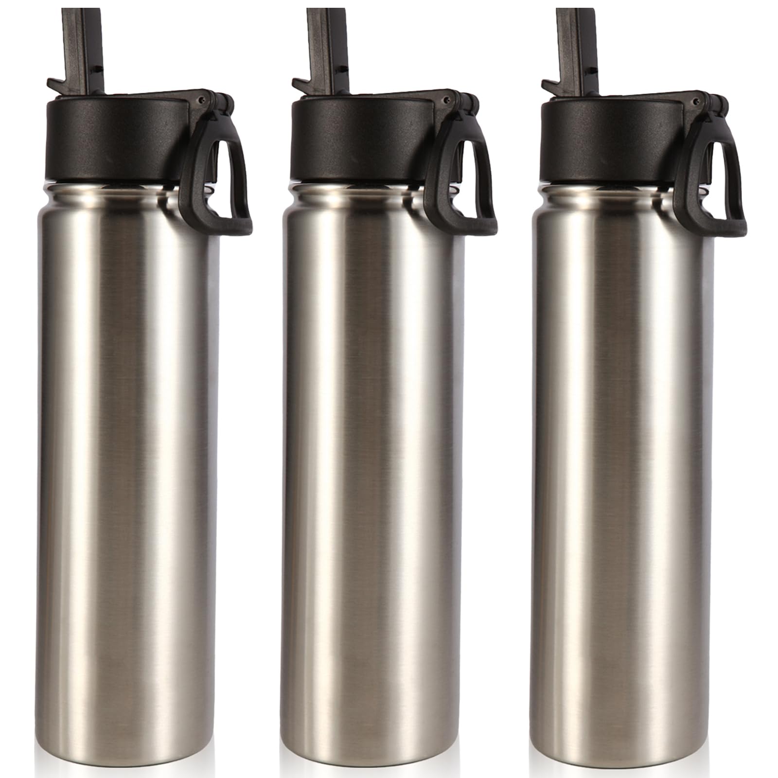 Volhoply 24oz Insulated Water Bottle With Straw Bulk 8 Pack,Metal Wide Mouth Water Bottles With Handle Lid Keep Cold,Reusable Double Wall Cups,Powder Coated Sport Bottle For Holder(silver,8 count)