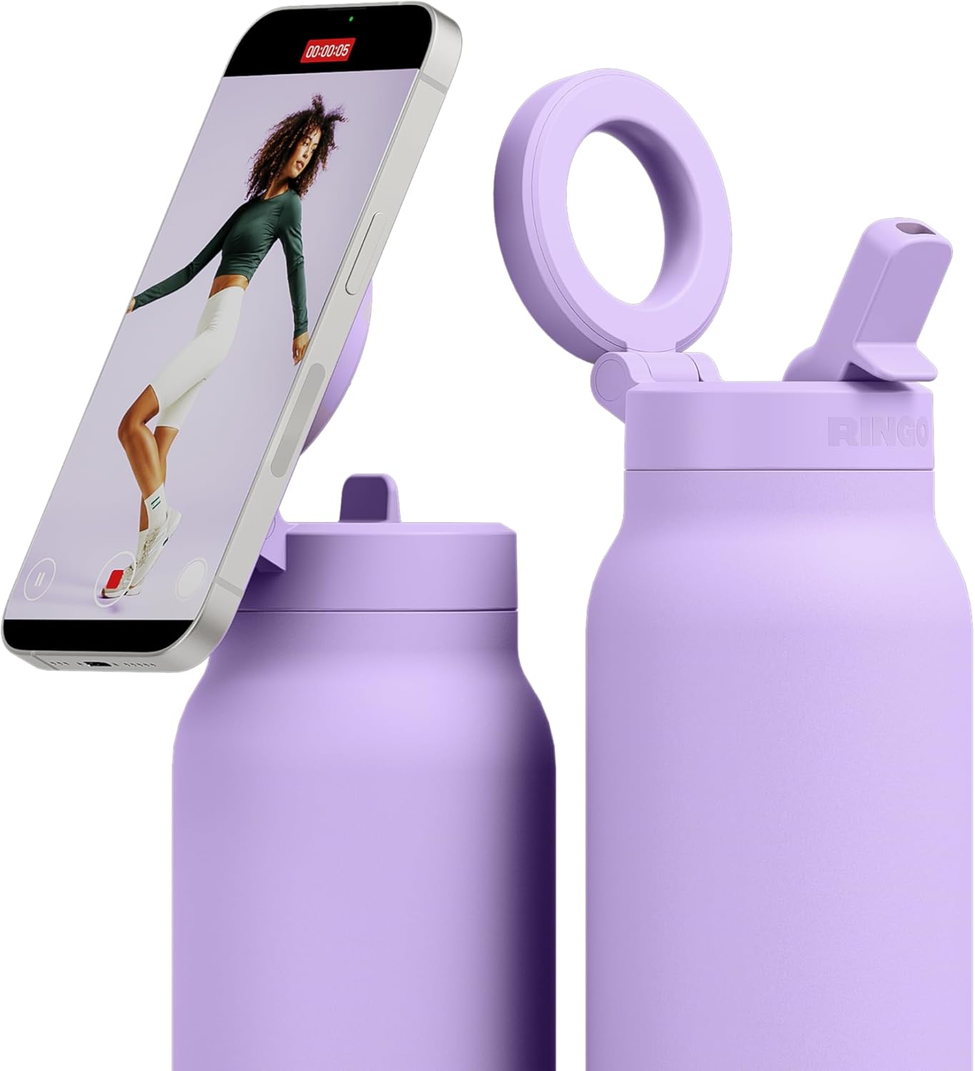 Ringo PRO Water Bottle with Magnetic Phone Mount & Sip Straw Lid - Insulated Stainless Steel Bottle for Workouts, Content Creation, Navigation & Facetime on the Go, 12Hrs Hot/24Hrs Cold Lilac-24oz