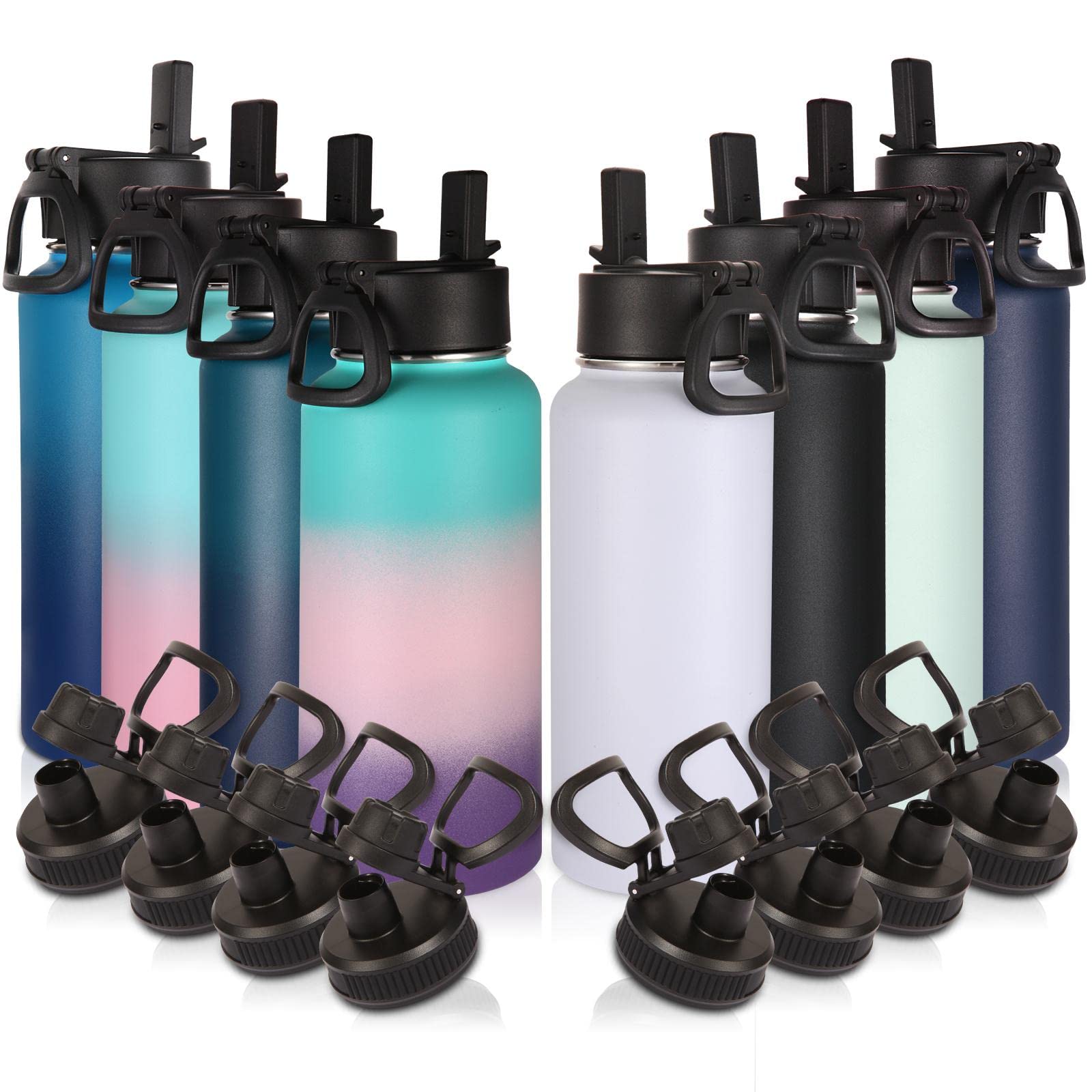 Volhoply 32 oz Insulated Water Bottles Bulk 8 Pack with Straw Lid & Spout Lid,Stainless Steel Sports Water Bottle,Double Wall Vacuum Cups,Leakproof Wide Mouth Metal Flask for Hiking,Camping(Mix,8)