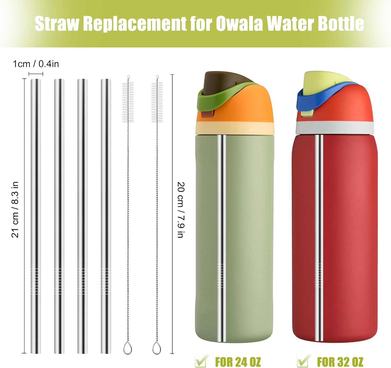 Metal Straw Replacement for Owala Water Bottle 24 oz 32 oz Accessories, With 2 Straw Cleaner, Reusable Stainless Steel Straws Compatible With Owala Water Bottle - 4pcs