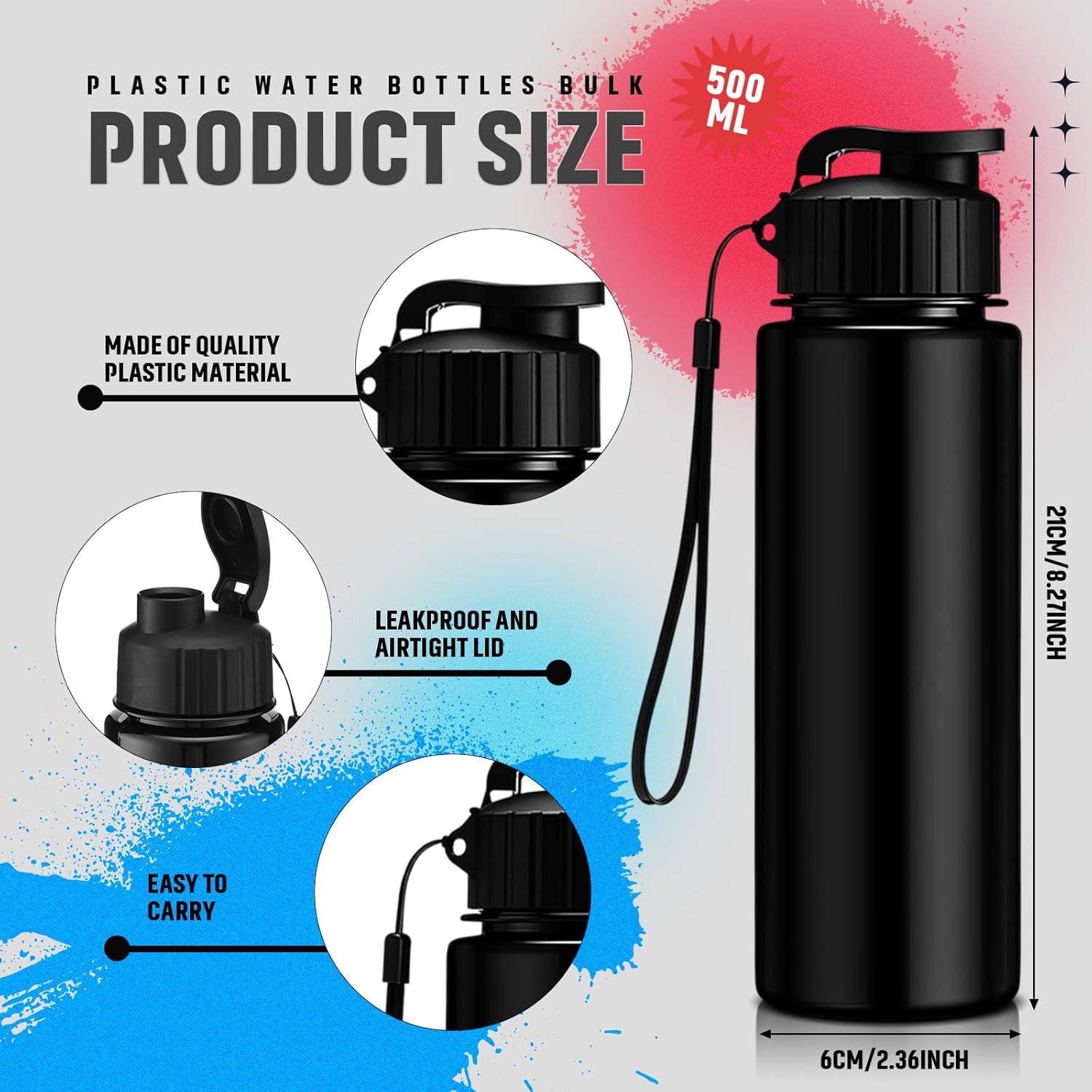 Mifoci 72 Pieces Water Bottle Bulk 17 oz Plastic Water Bottles Bulk Gym Sports Adults Reusable Large Bottles with Leak Proof Flip Top for Party Outdoor (Black)