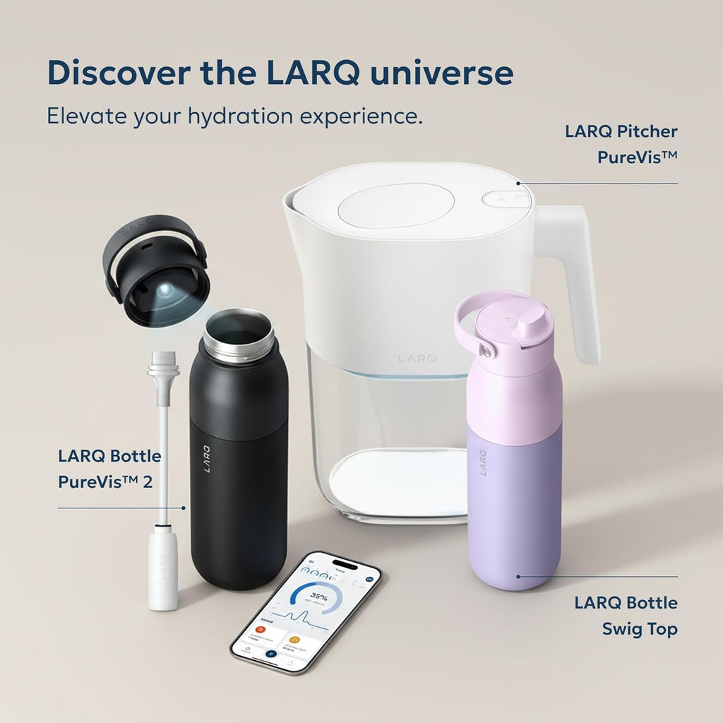 LARQ Twice as Nice Set Bottle Swig Top 34oz - Insulated Stainless Steel Water Bottle With Built-In Silicone Handle, Mojave Dune & Obsidian Black