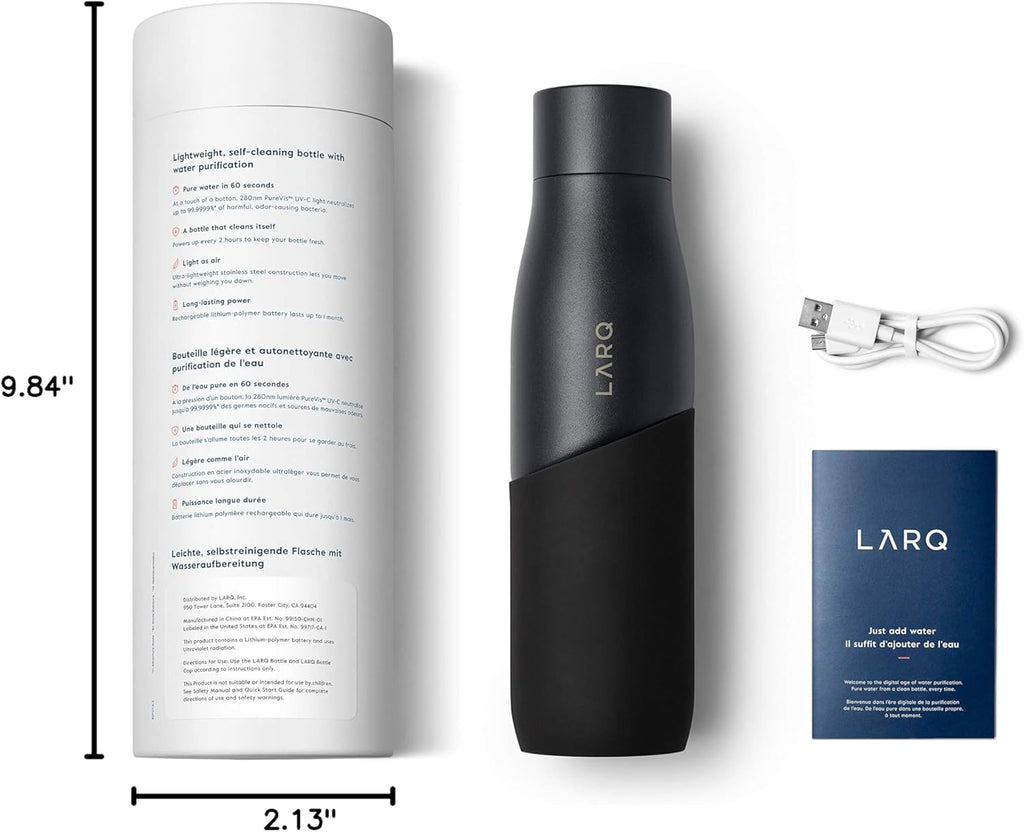 LARQ Bottle Movement PureVis 32 oz- Lightweight Self-Cleaning and Non-Insulated Stainless Steel Water Bottle with UV Water Purifier | Reusable & Travel Friendly, 1-Year Warranty, Black/Onyx