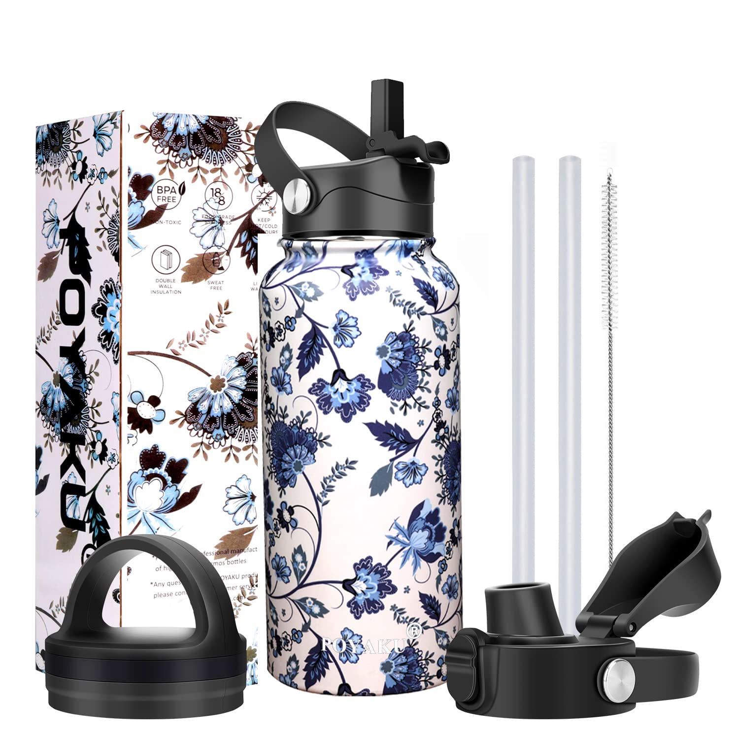 Water Bottle Insulated 32oz 40oz 64oz 128oz Straw Lid Spout Lid & 3 Lids, Leak Proof, Vacuum Insulated,Stainless Steel Water Bottle Wide Mouth for Sports, Gym or Office