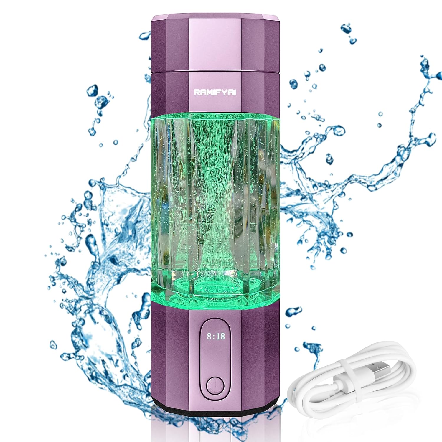 New Upgrade 10000PPB Hydrogen Water Bottle SPE/PEM Technology Seven Colorful Light Double Anti-Slip and Leak-Proof Hydrogen Water Generator with LCD Display (H80 Purple)