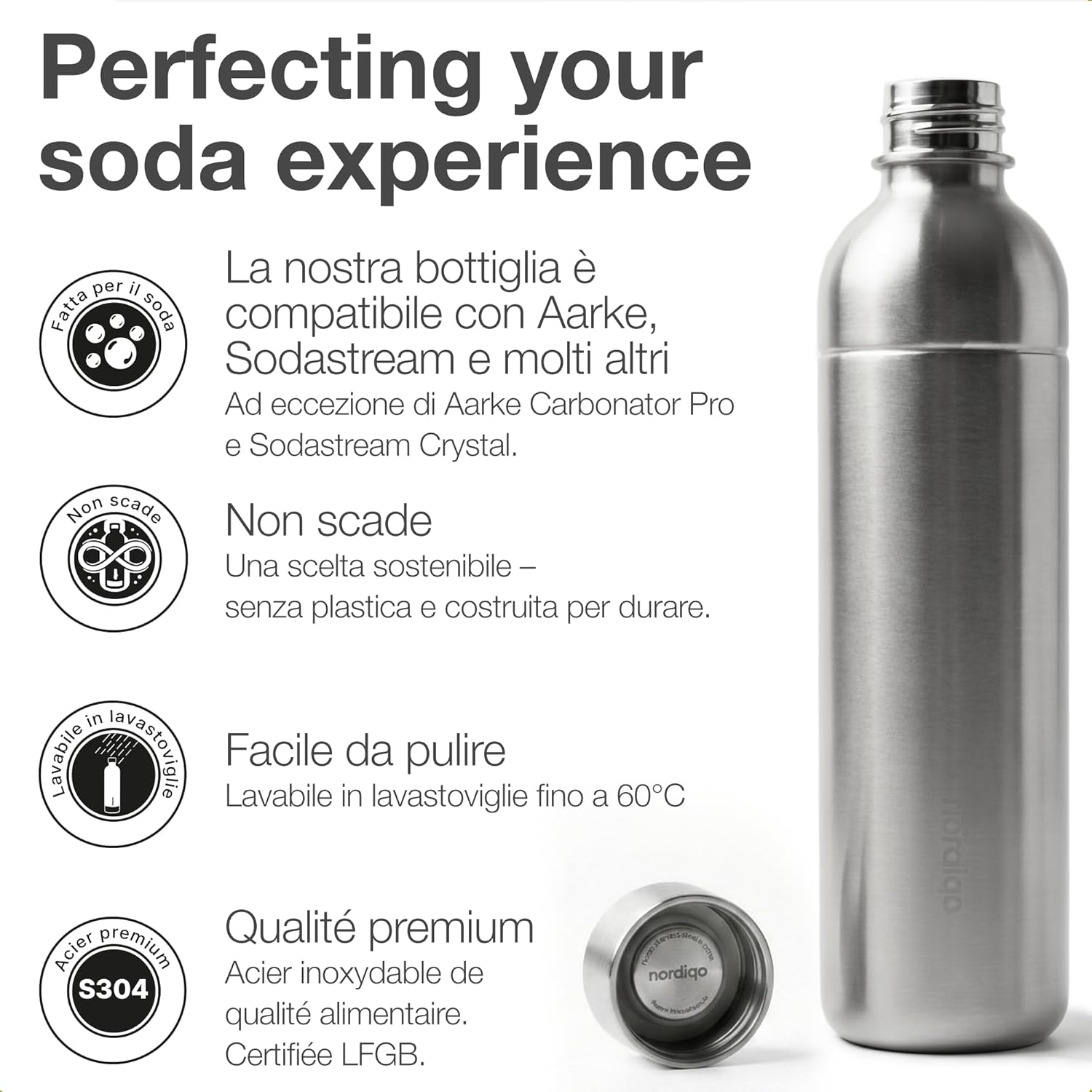 Stainless Steel Carbonating Bottle 33 oz | Compatible with Aarke Carbonator 3, SodaStream Duo & Plastic Bottles | Not for models Aqua Fizz & Jet | No Expiry | Plastic-Free