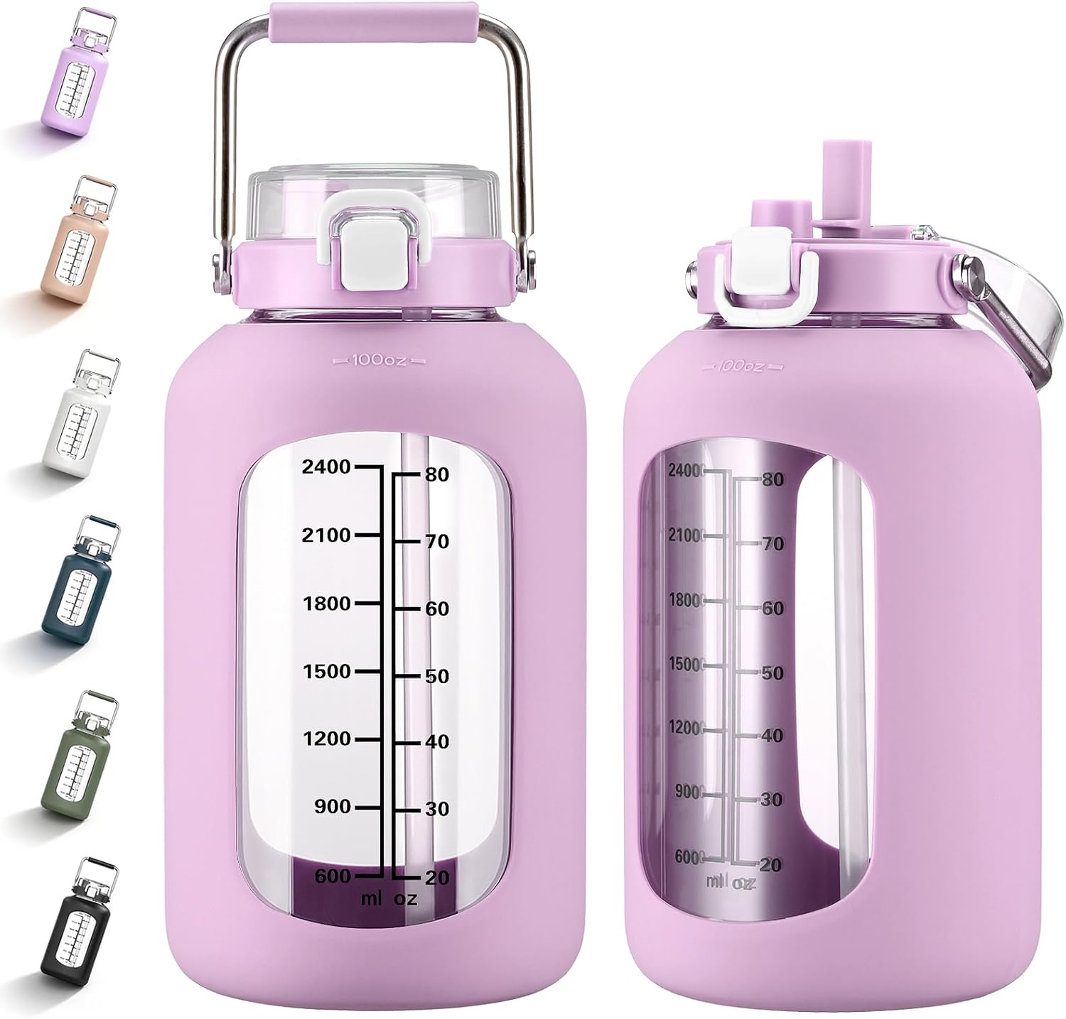 MUKOKO 100oz Glass Water Bottle with Time Marker and Silicone Sleeve 3L Large Water Jug with Stainless Steel Handle Gallon Drinking Bottle with 2-in-1 Lid Wide Mouth BPA Free, Purple