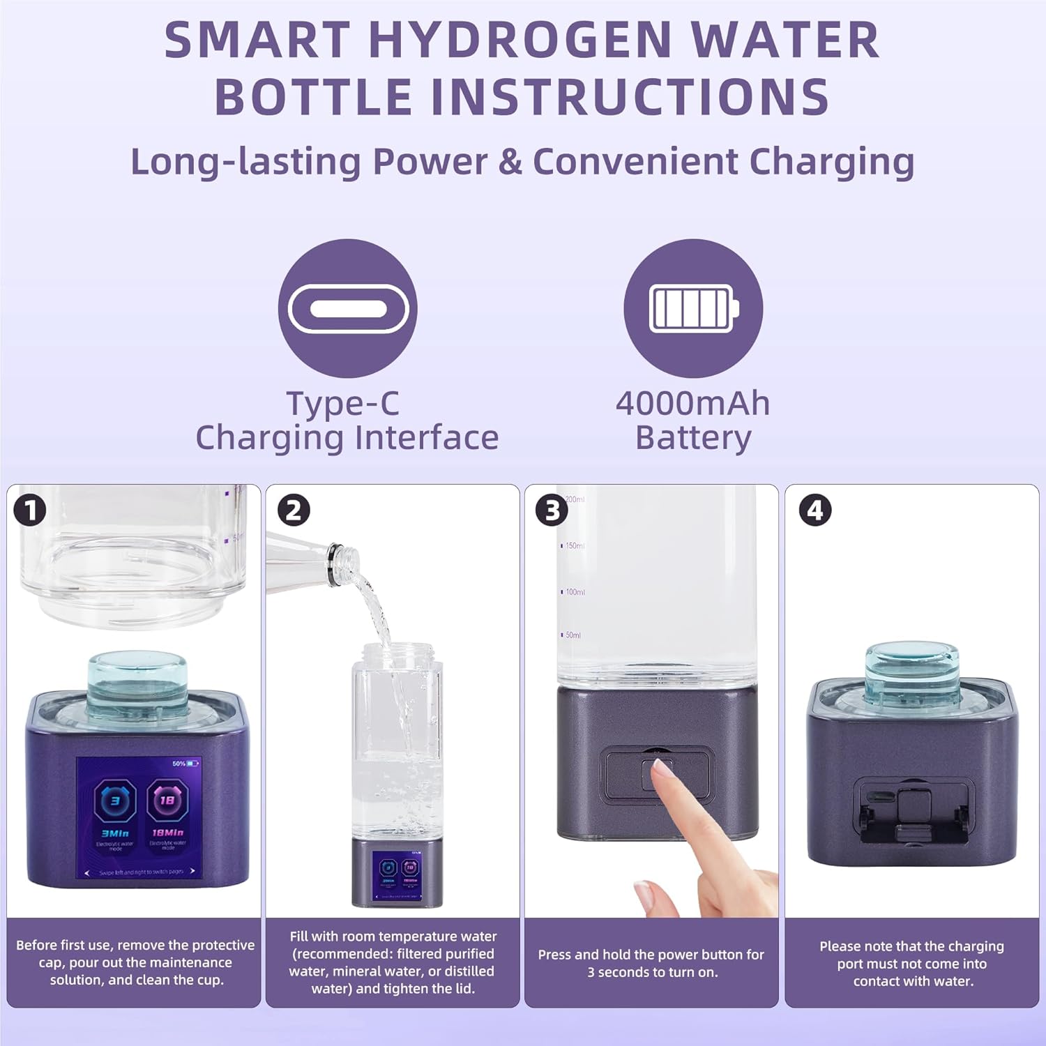 Hydrogen Water Bottle Deluxe Version, Up to 9000ppb Concentration, Upgrade Smart Touchscreen Control SPE Hydrogen Generator with LED Display Portable Hydrogen Water Machine