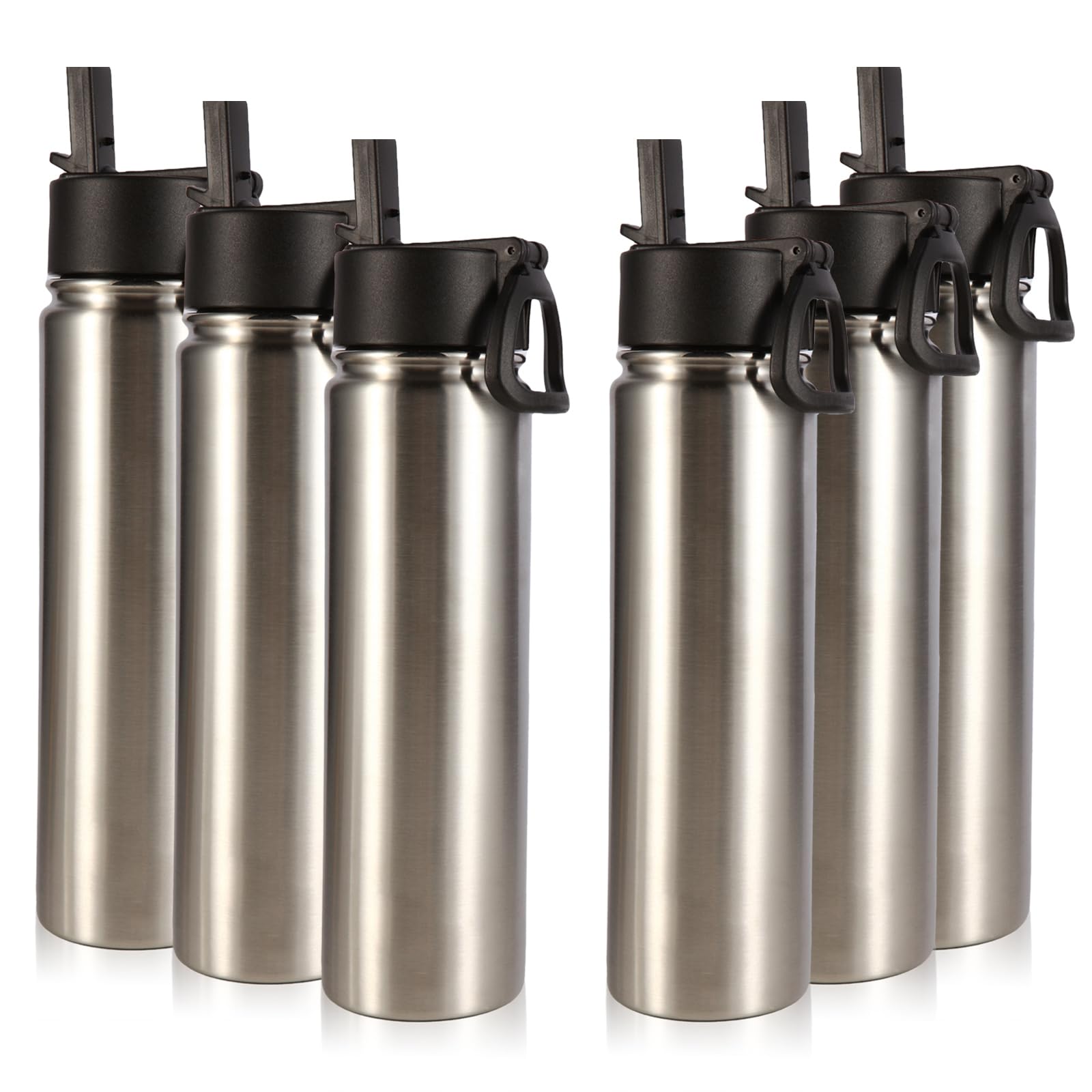 Volhoply 24oz Insulated Water Bottle With Straw Bulk 8 Pack,Metal Wide Mouth Water Bottles With Handle Lid Keep Cold,Reusable Double Wall Cups,Powder Coated Sport Bottle For Holder(silver,8 count)
