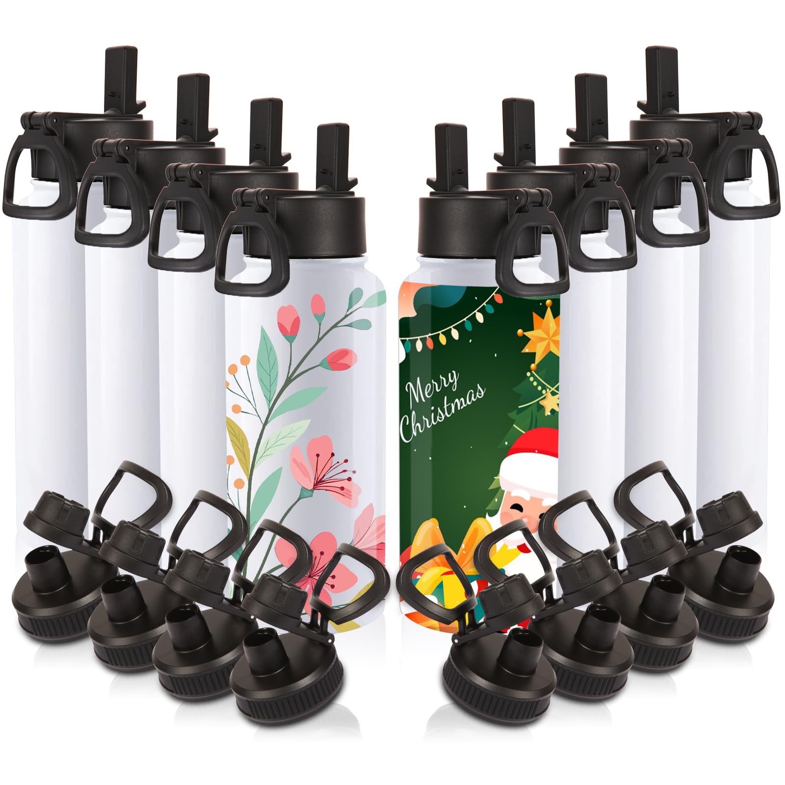 Volhoply 32 oz Insulated Water Bottles Bulk 8 Pack with Straw Lid & Spout Lid,Stainless Steel Sports Water Bottle,Double Wall Vacuum Cups,Leakproof Wide Mouth Metal Flask for Hiking,Camping(Mix,8)