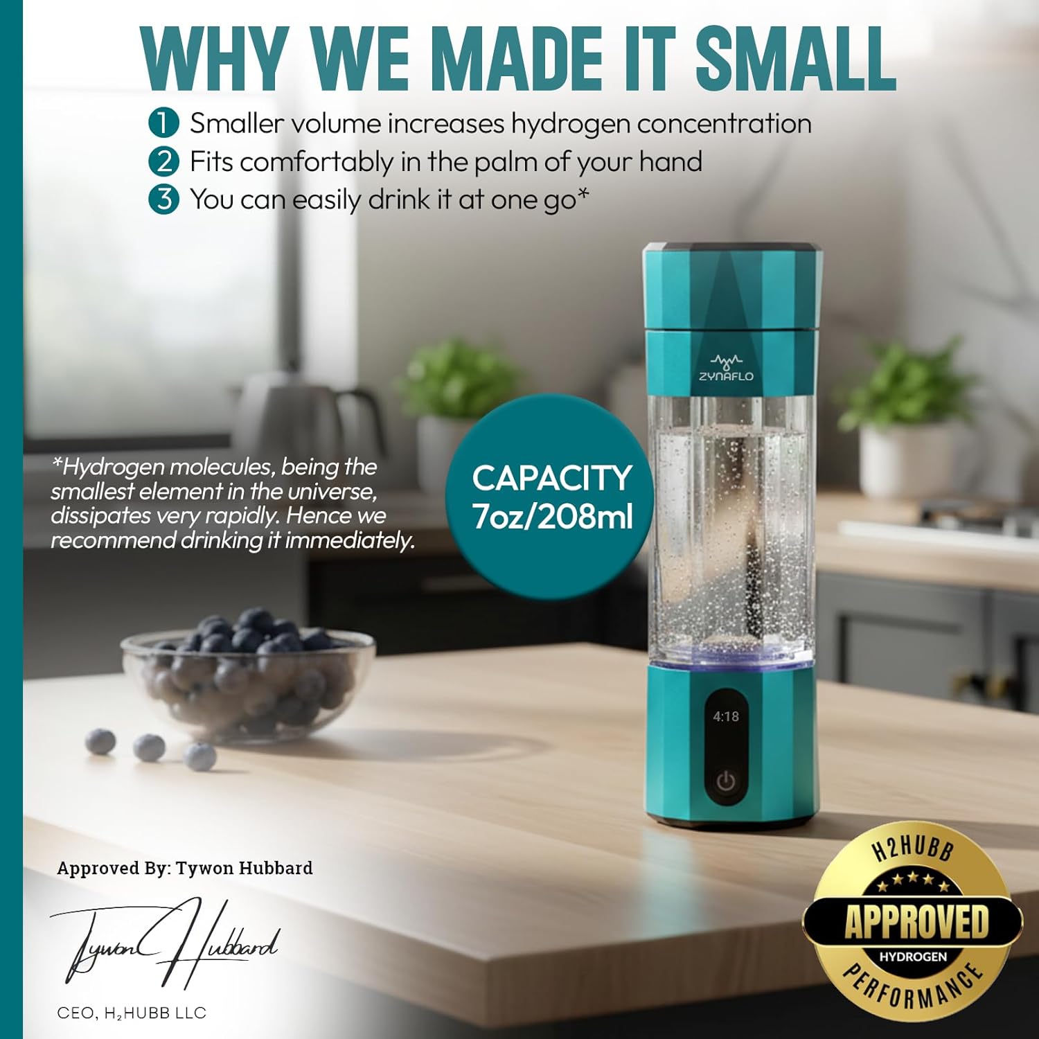 H2-Max Hydrogen Water Bottle Generator with SPE/PEM Membrane, 3rd Party US Lab Tested (6.1 PPM), Portable 7 Oz Capacity