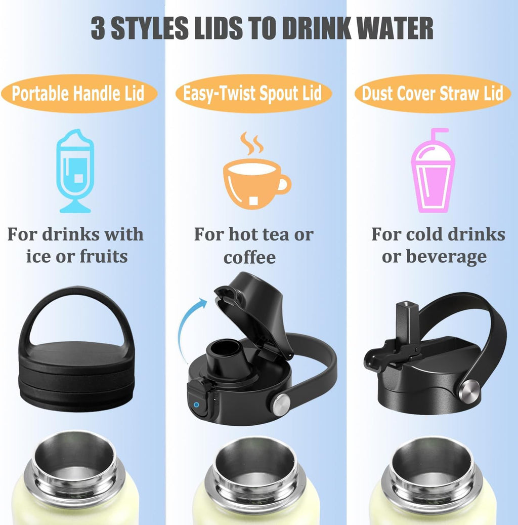 Water Bottle Insulated 32oz 40oz 64oz 128oz Straw Lid Spout Lid & 3 Lids, Leak Proof, Vacuum Insulated,Stainless Steel Water Bottle Wide Mouth for Sports, Gym or Office