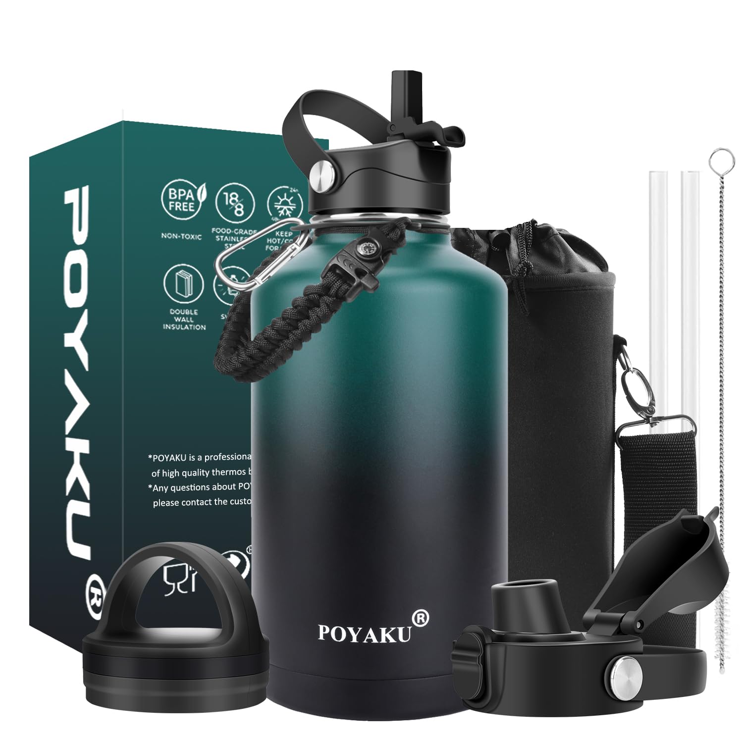 Water Bottle Insulated 32oz 40oz 64oz 128oz Straw Lid Spout Lid & 3 Lids, Leak Proof, Vacuum Insulated,Stainless Steel Water Bottle Wide Mouth for Sports, Gym or Office