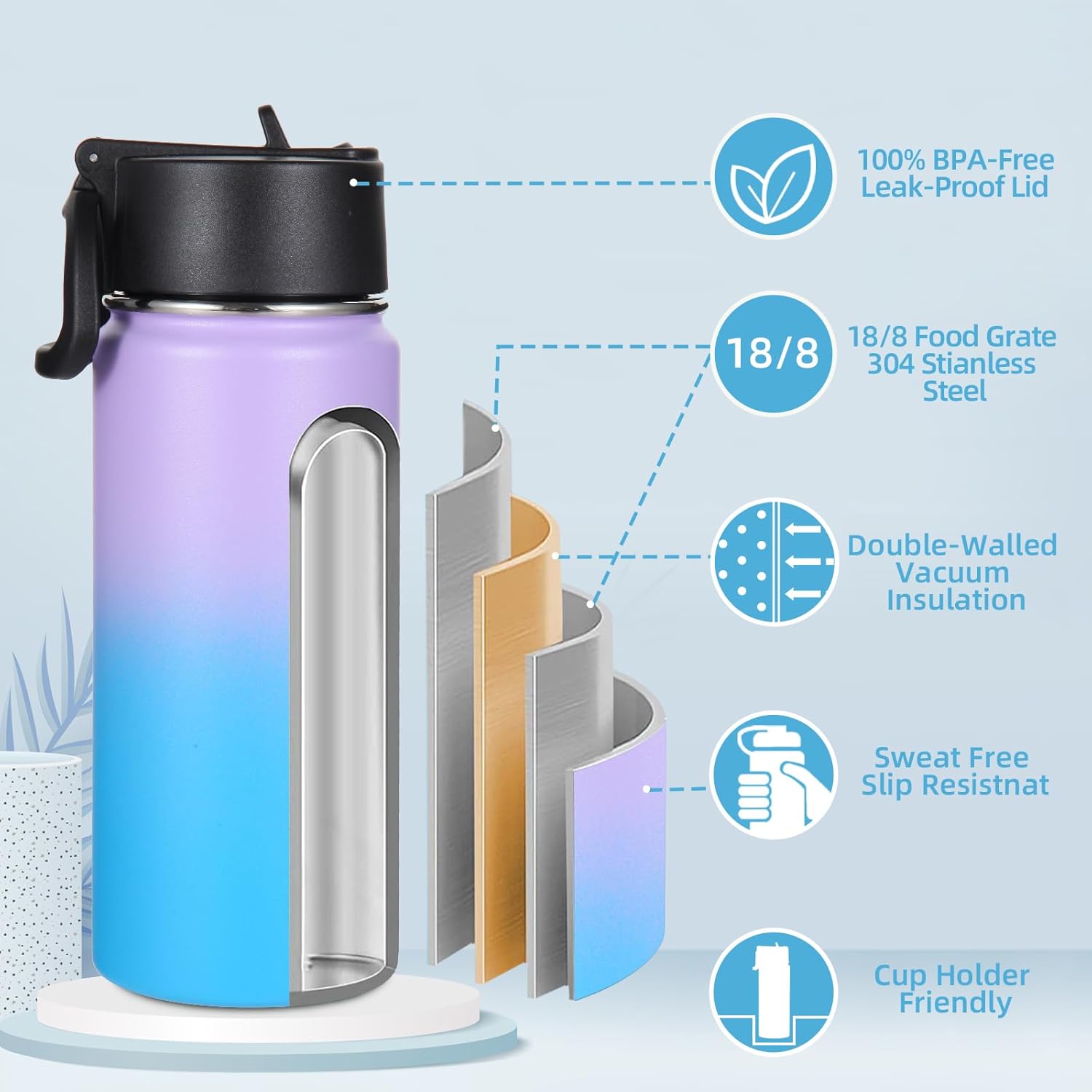 Volhoply 16 OZ Kids Water Bottle Bulk 8 Pack,Insulated Sports Bottles with Straw Lid,Stainless Steel Bottle with Handle Keep Cold & Hot,Double Wall Vacuum Tumbler Cups for School(Assorted, 8)