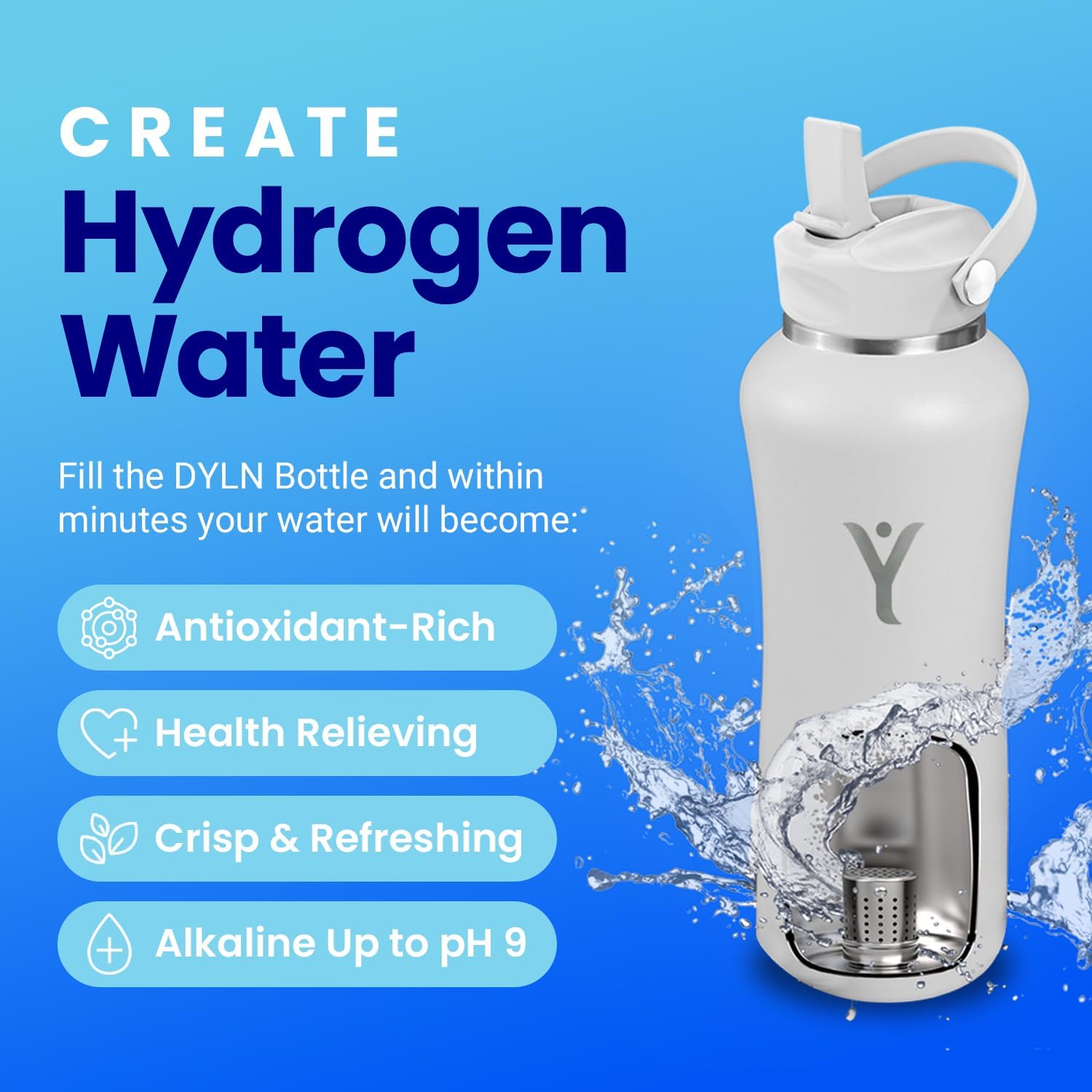 DYLN Hydrogen Water Bottle | Create Hydrating Alkaline Hydrogen-Rich Water Up to 9 pH | Vacuum Insulated Stainless Steel Water Bottle | Keeps Water Cold for 24 Hours