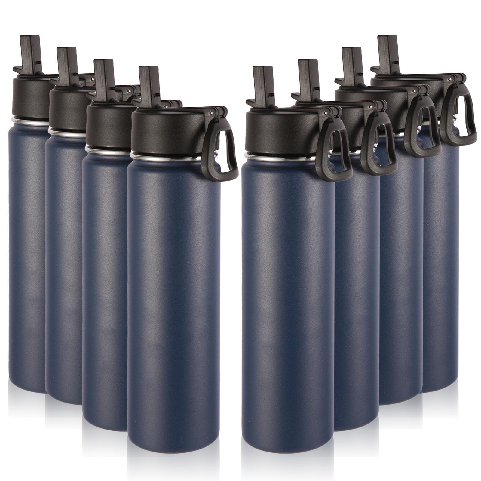 Volhoply 24oz Insulated Water Bottle With Straw Bulk 8 Pack,Metal Wide Mouth Water Bottles With Handle Lid Keep Cold,Reusable Double Wall Cups,Powder Coated Sport Bottle For Holder(silver,8 count)