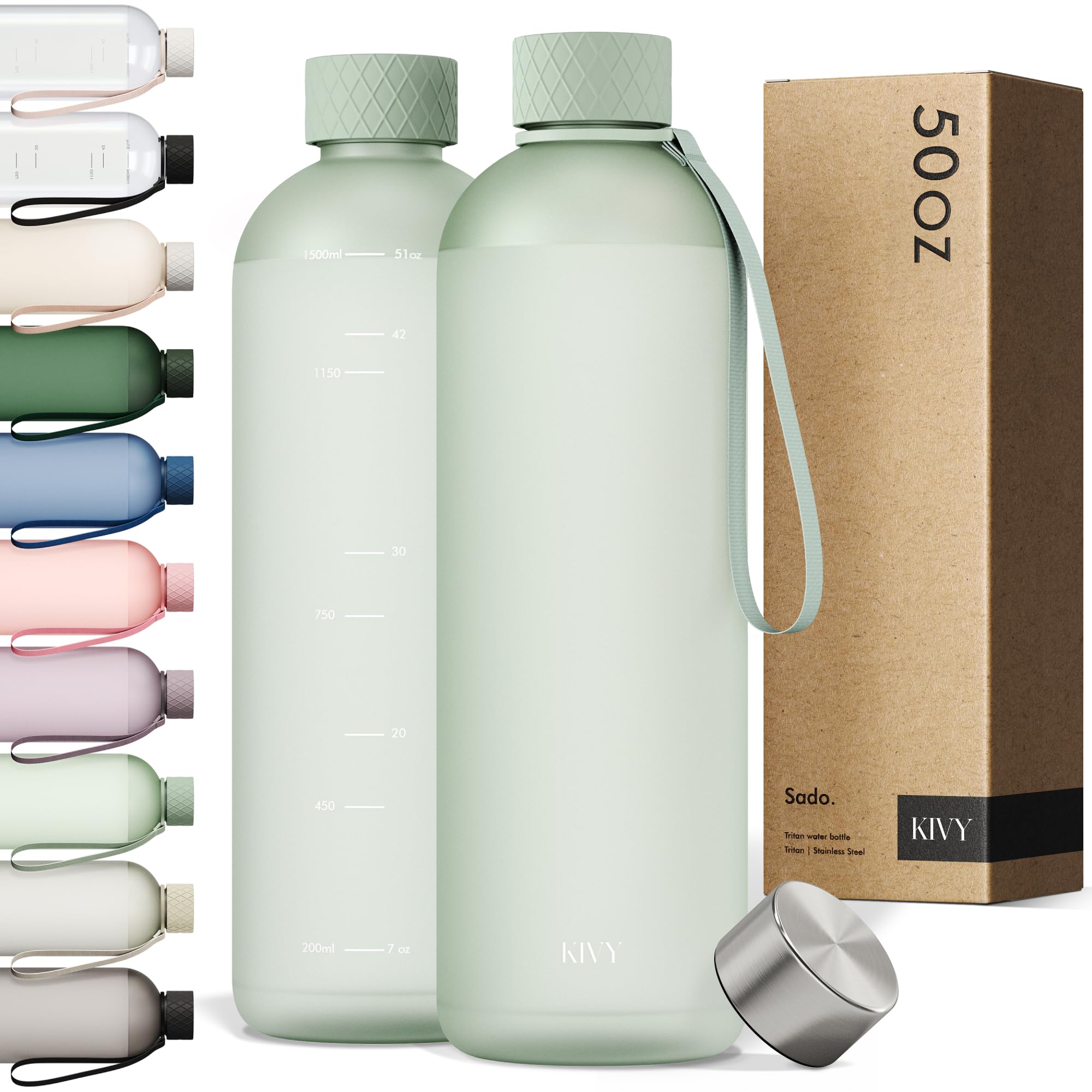 KIVY Large Water Bottle 50oz [Lightweight & Shatterproof] Fits Backpack & Cupholder for Travel, Sports, School - Extra large water bottle no straw - 1.5 Liter water bottles - 50oz Water bottle Green