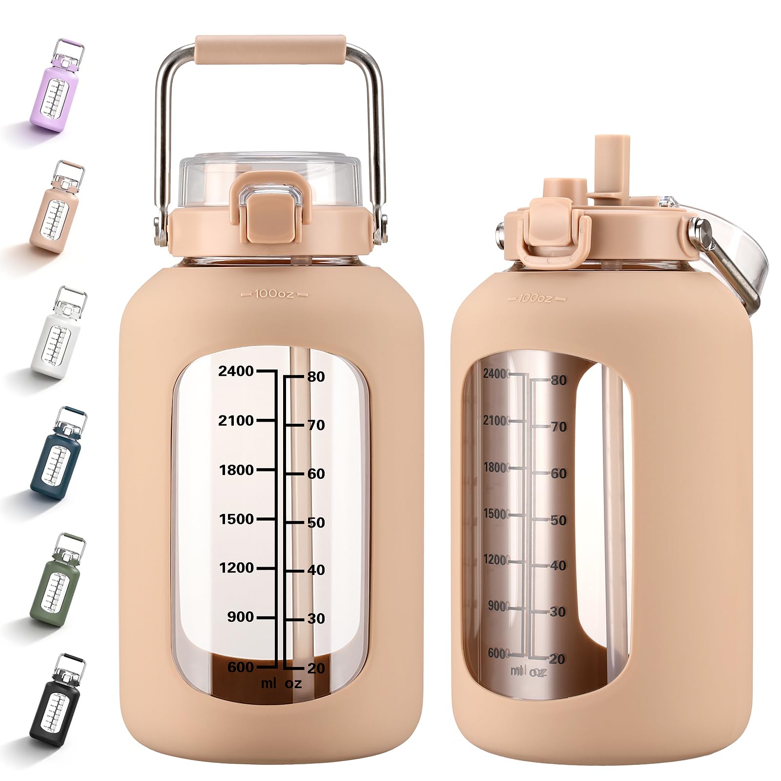 MUKOKO 100oz Glass Water Bottle with Time Marker and Silicone Sleeve 3L Large Water Jug with Stainless Steel Handle Gallon Drinking Bottle with 2-in-1 Lid Wide Mouth BPA Free, Purple