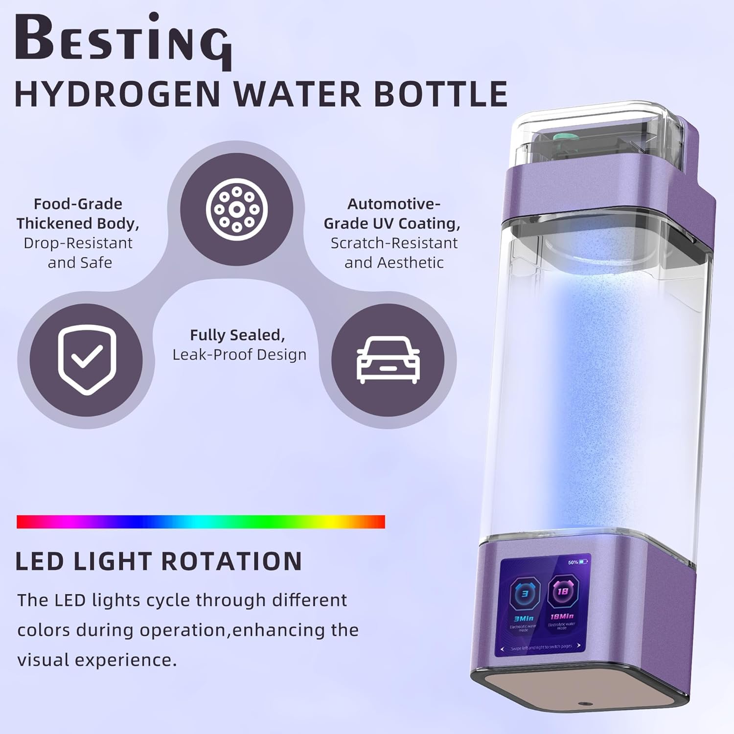 Hydrogen Water Bottle Deluxe Version, Up to 9000ppb Concentration, Upgrade Smart Touchscreen Control SPE Hydrogen Generator with LED Display Portable Hydrogen Water Machine