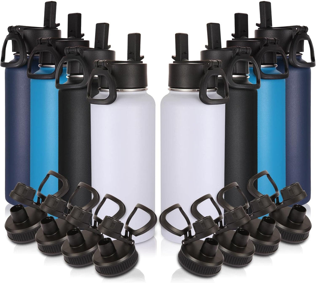 Volhoply 32 oz Insulated Water Bottles Bulk 8 Pack with Straw Lid & Spout Lid,Stainless Steel Sports Water Bottle,Double Wall Vacuum Cups,Leakproof Wide Mouth Metal Flask for Hiking,Camping(Mix,8)