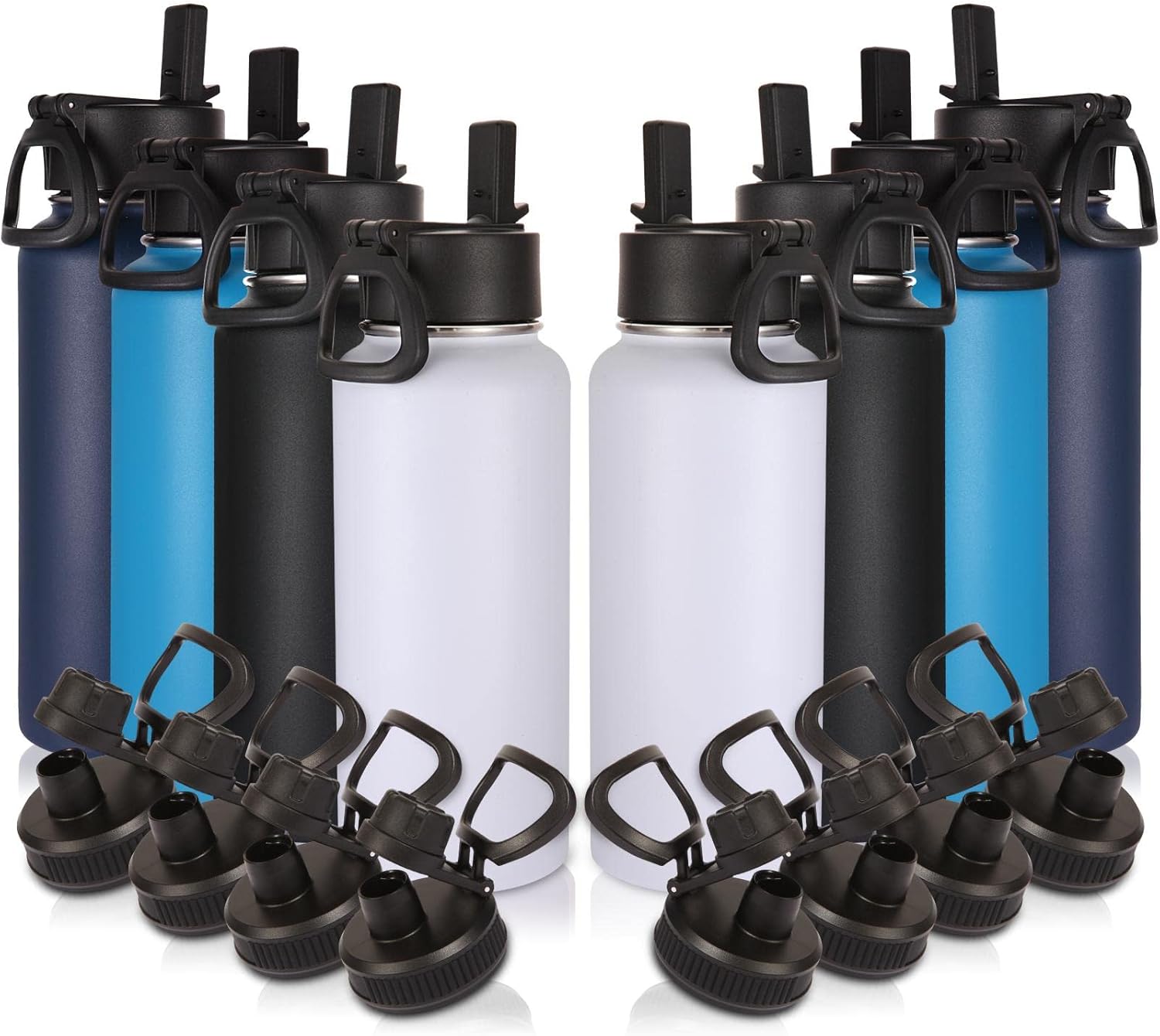 Volhoply 32 oz Insulated Water Bottles Bulk 8 Pack with Straw Lid & Spout Lid,Stainless Steel Sports Water Bottle,Double Wall Vacuum Cups,Leakproof Wide Mouth Metal Flask for Hiking,Camping(Mix,8)