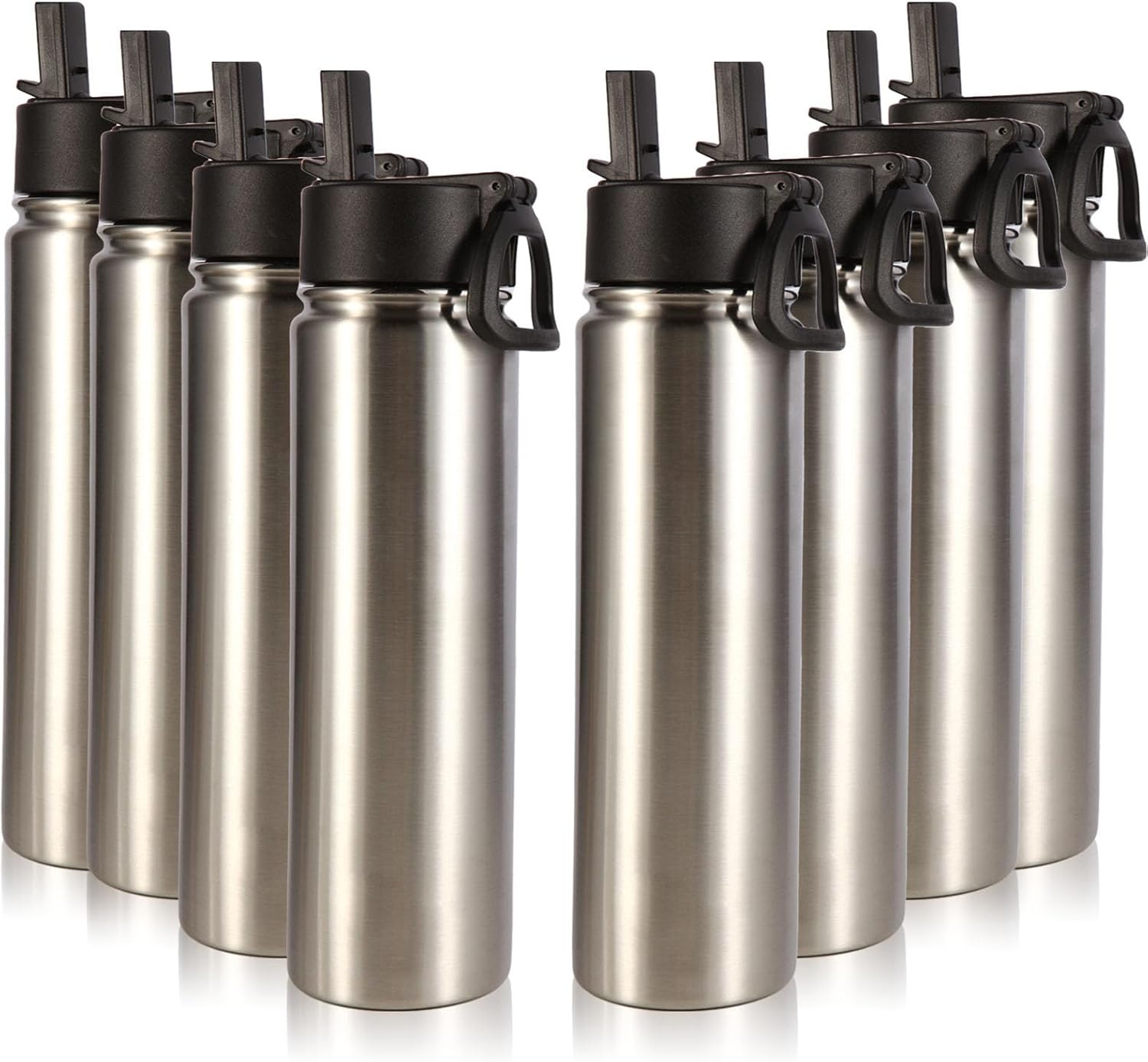 Volhoply 24oz Insulated Water Bottle With Straw Bulk 8 Pack,Metal Wide Mouth Water Bottles With Handle Lid Keep Cold,Reusable Double Wall Cups,Powder Coated Sport Bottle For Holder(silver,8 count)
