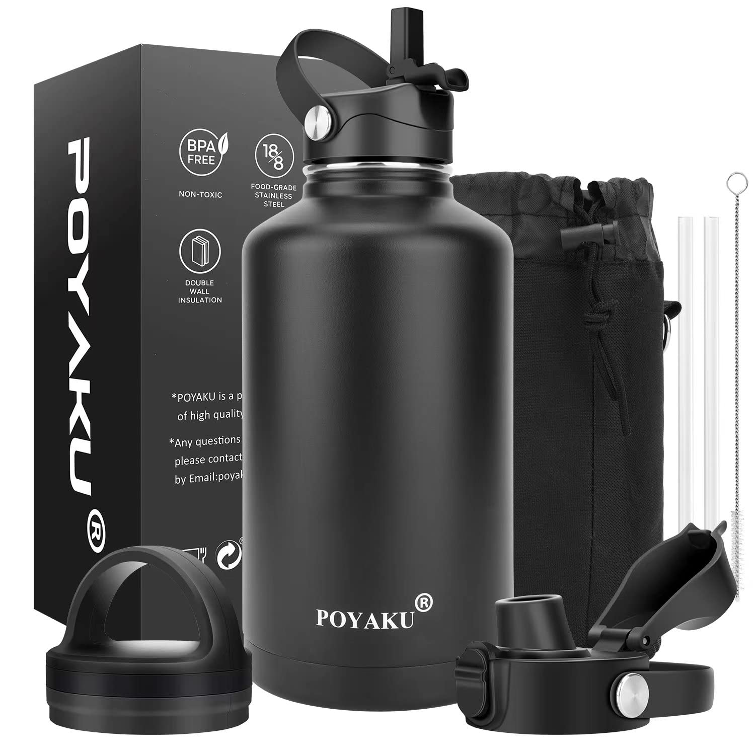Water Bottle Insulated 32oz 40oz 64oz 128oz Straw Lid Spout Lid & 3 Lids, Leak Proof, Vacuum Insulated,Stainless Steel Water Bottle Wide Mouth for Sports, Gym or Office