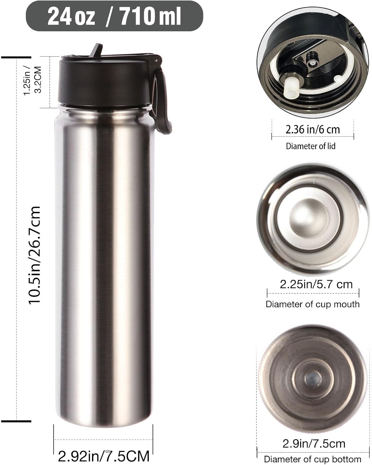 Volhoply 24oz Insulated Water Bottle With Straw Bulk 8 Pack,Metal Wide Mouth Water Bottles With Handle Lid Keep Cold,Reusable Double Wall Cups,Powder Coated Sport Bottle For Holder(silver,8 count)