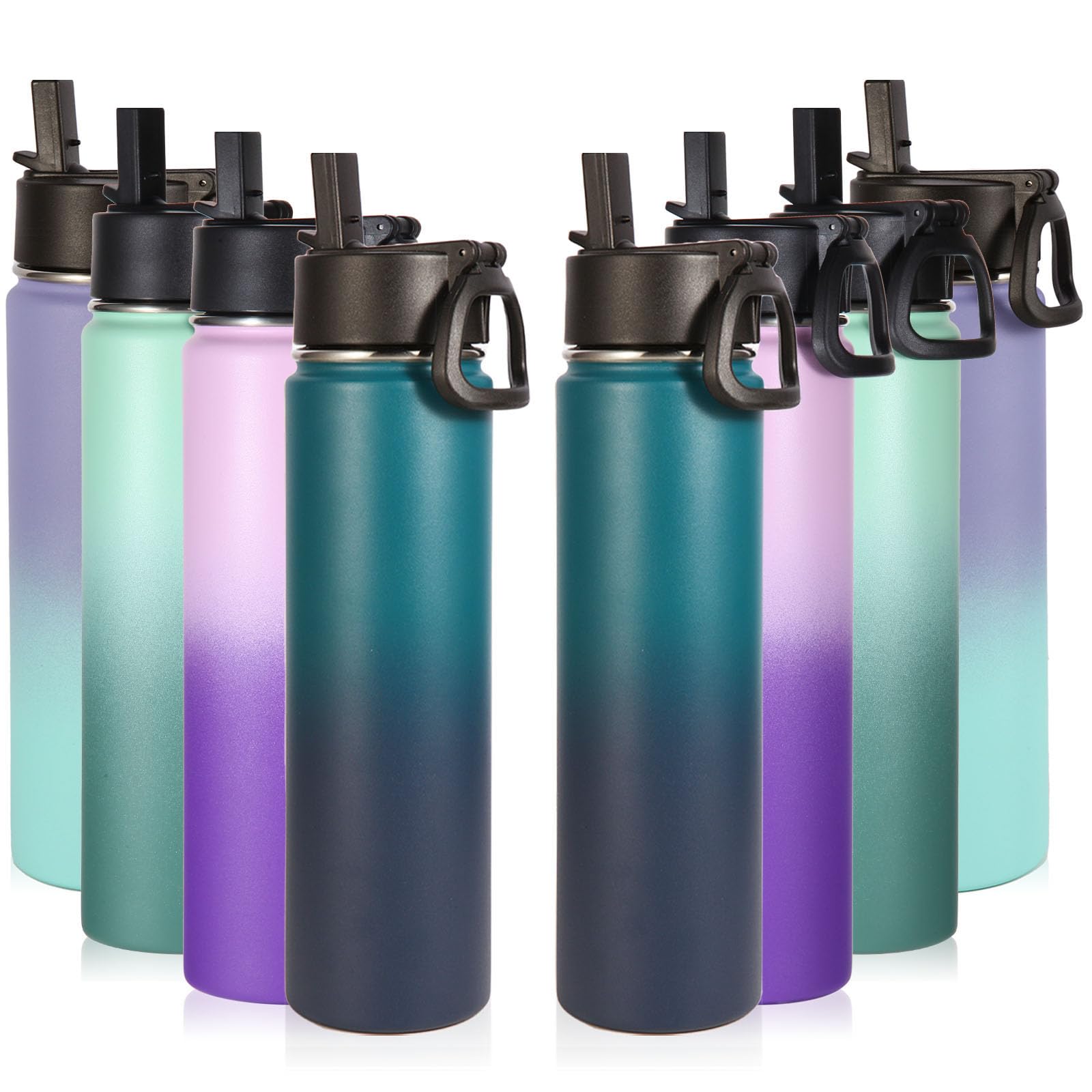 Volhoply 24oz Insulated Water Bottle With Straw Bulk 8 Pack,Metal Wide Mouth Water Bottles With Handle Lid Keep Cold,Reusable Double Wall Cups,Powder Coated Sport Bottle For Holder(silver,8 count)