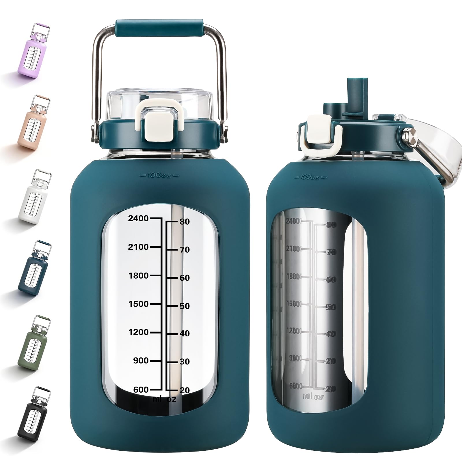 MUKOKO 100oz Glass Water Bottle with Time Marker and Silicone Sleeve 3L Large Water Jug with Stainless Steel Handle Gallon Drinking Bottle with 2-in-1 Lid Wide Mouth BPA Free, Purple