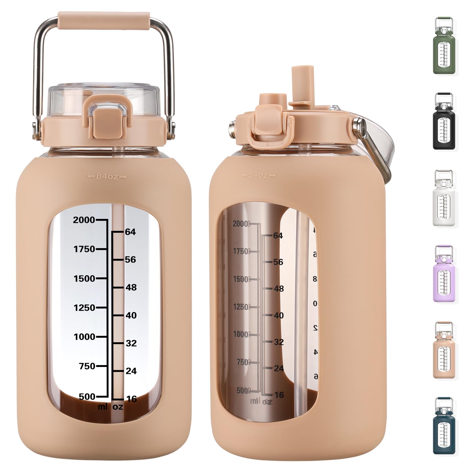 MUKOKO 100oz Glass Water Bottle with Time Marker and Silicone Sleeve 3L Large Water Jug with Stainless Steel Handle Gallon Drinking Bottle with 2-in-1 Lid Wide Mouth BPA Free, Purple