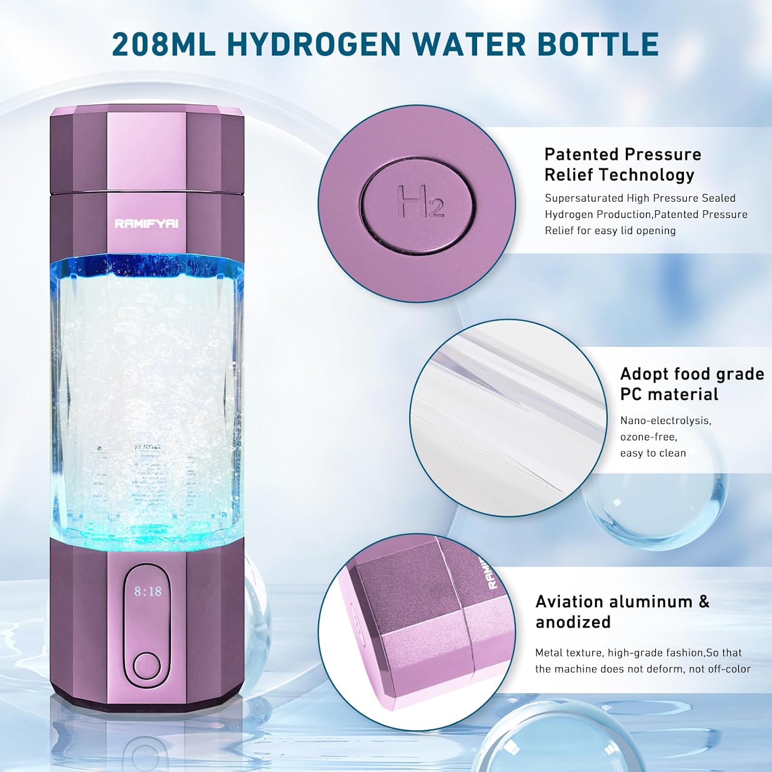 New Upgrade 10000PPB Hydrogen Water Bottle SPE/PEM Technology Seven Colorful Light Double Anti-Slip and Leak-Proof Hydrogen Water Generator with LCD Display (H80 Purple)