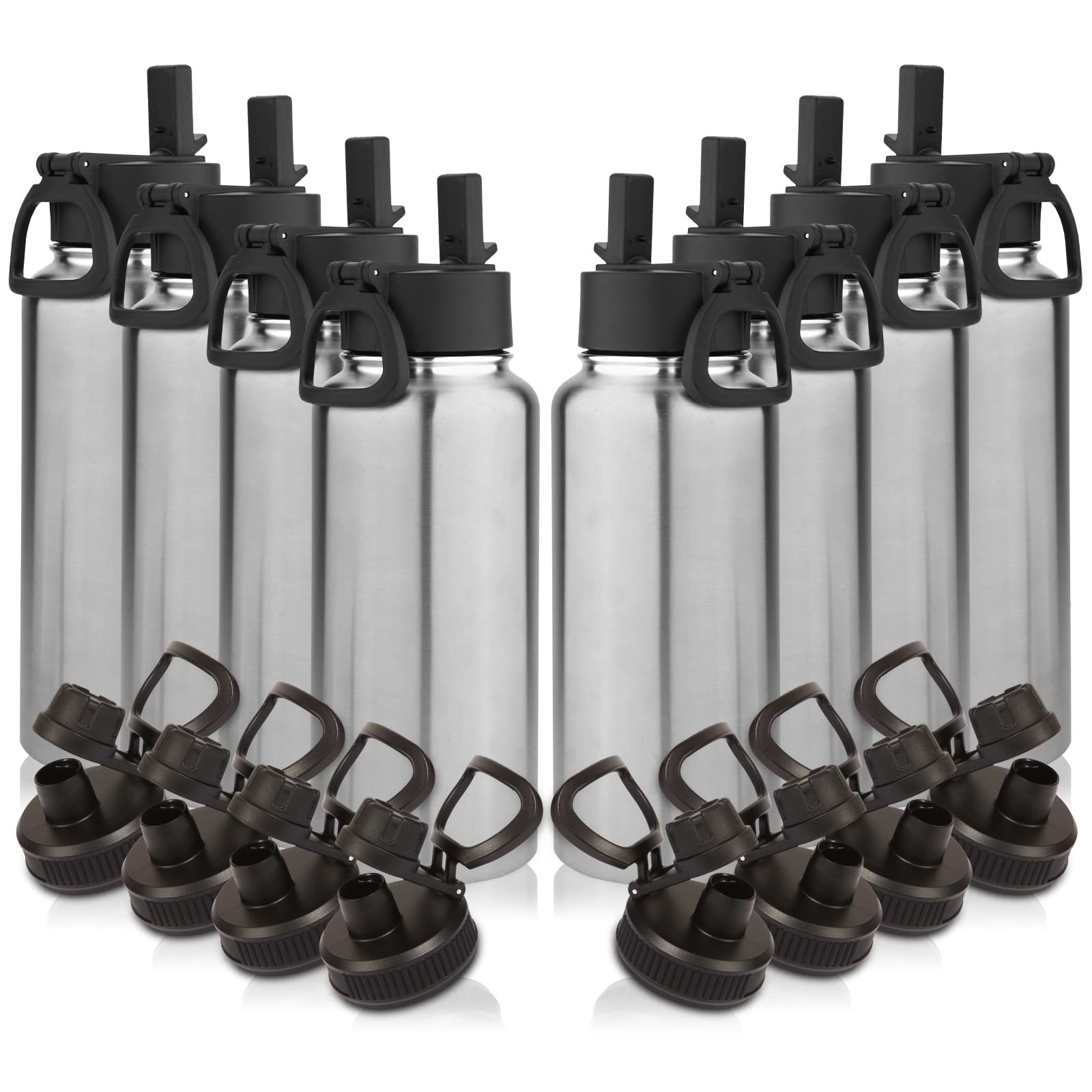 Volhoply 32 oz Insulated Water Bottles Bulk 8 Pack with Straw Lid & Spout Lid,Stainless Steel Sports Water Bottle,Double Wall Vacuum Cups,Leakproof Wide Mouth Metal Flask for Hiking,Camping(Mix,8)