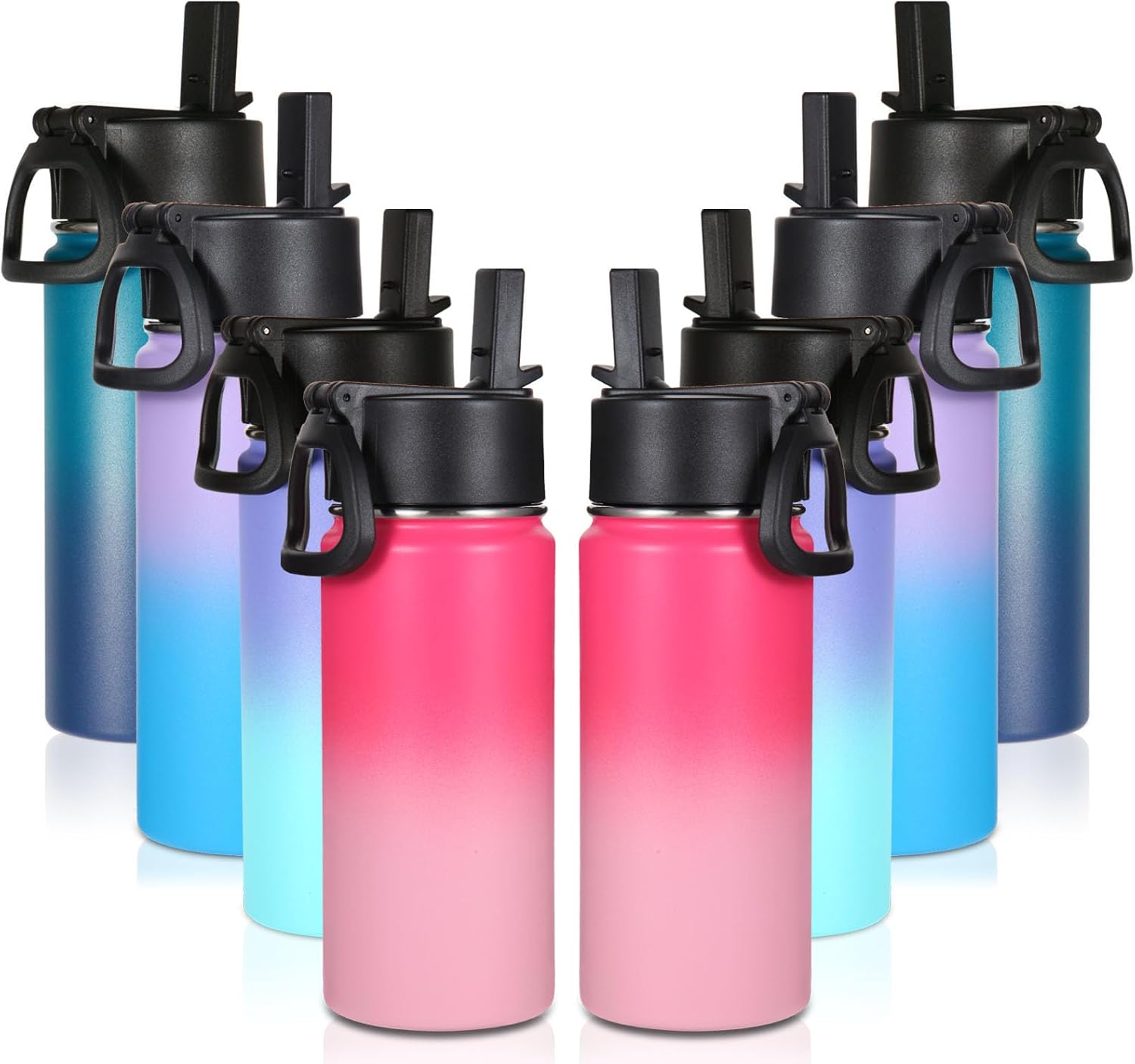 Volhoply 16 OZ Kids Water Bottle Bulk 8 Pack,Insulated Sports Bottles with Straw Lid,Stainless Steel Bottle with Handle Keep Cold & Hot,Double Wall Vacuum Tumbler Cups for School(Assorted, 8)