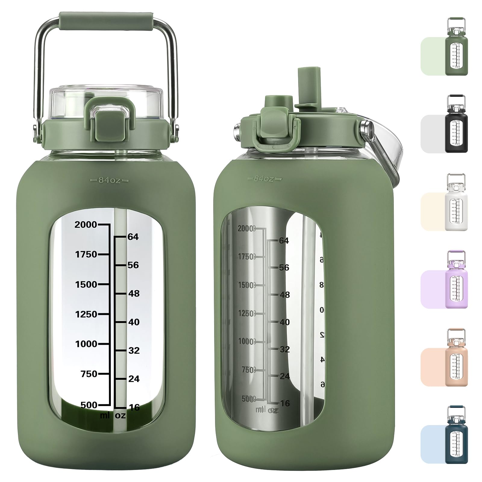 MUKOKO 100oz Glass Water Bottle with Time Marker and Silicone Sleeve 3L Large Water Jug with Stainless Steel Handle Gallon Drinking Bottle with 2-in-1 Lid Wide Mouth BPA Free, Purple