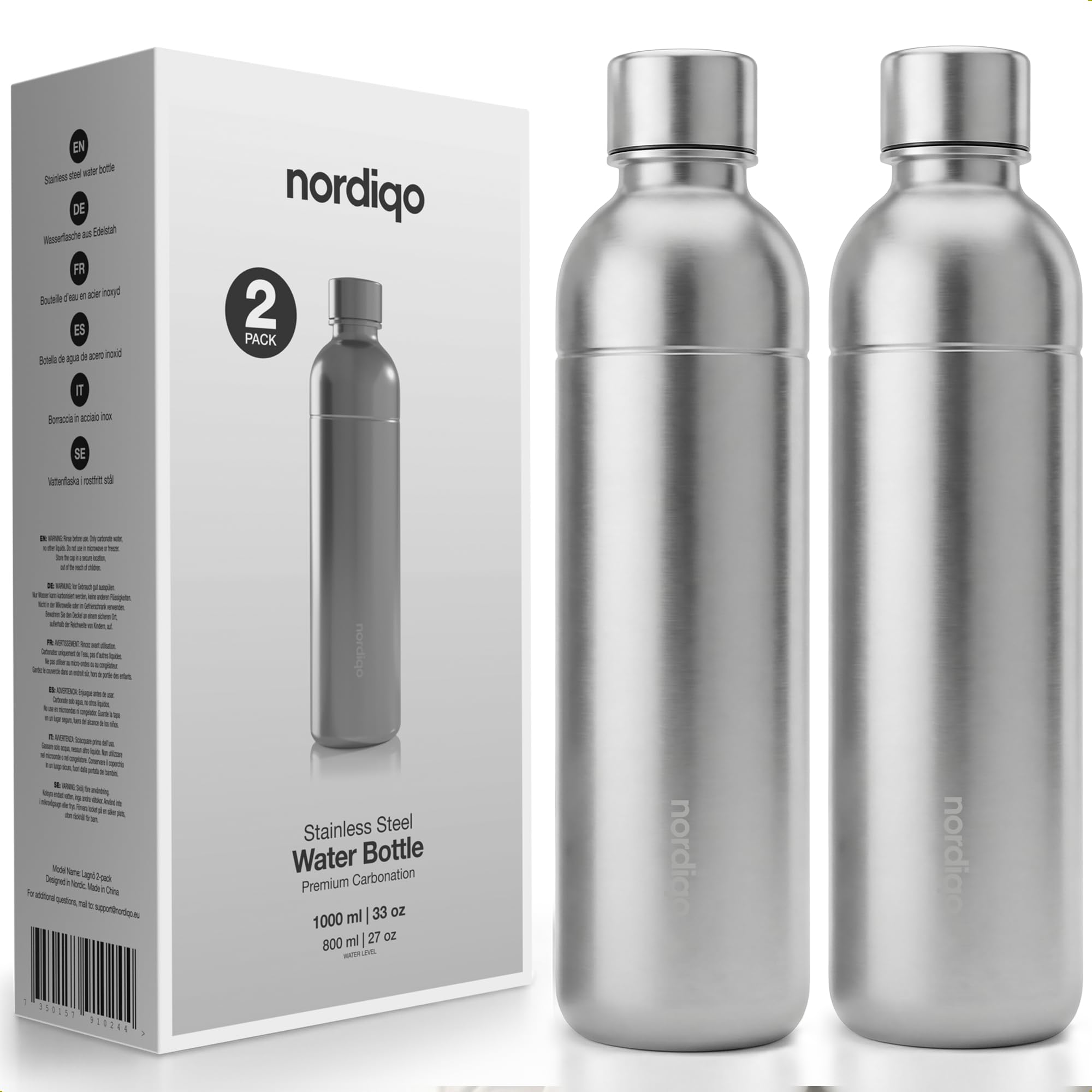 Stainless Steel Carbonating Bottle 33 oz | Compatible with Aarke Carbonator 3, SodaStream Duo & Plastic Bottles | Not for models Aqua Fizz & Jet | No Expiry | Plastic-Free