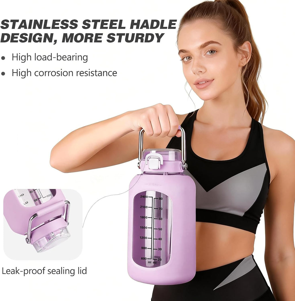 MUKOKO 100oz Glass Water Bottle with Time Marker and Silicone Sleeve 3L Large Water Jug with Stainless Steel Handle Gallon Drinking Bottle with 2-in-1 Lid Wide Mouth BPA Free, Purple