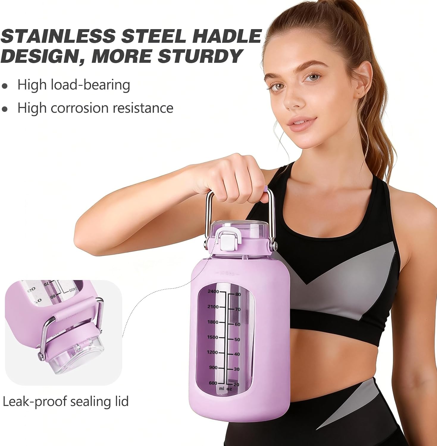 MUKOKO 100oz Glass Water Bottle with Time Marker and Silicone Sleeve 3L Large Water Jug with Stainless Steel Handle Gallon Drinking Bottle with 2-in-1 Lid Wide Mouth BPA Free, Purple