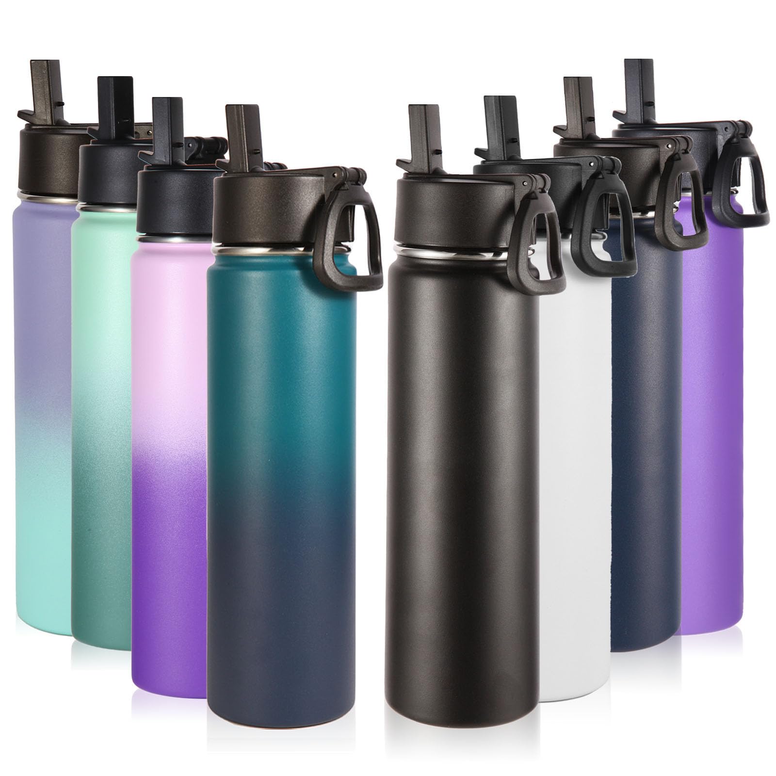 Volhoply 24oz Insulated Water Bottle With Straw Bulk 8 Pack,Metal Wide Mouth Water Bottles With Handle Lid Keep Cold,Reusable Double Wall Cups,Powder Coated Sport Bottle For Holder(silver,8 count)