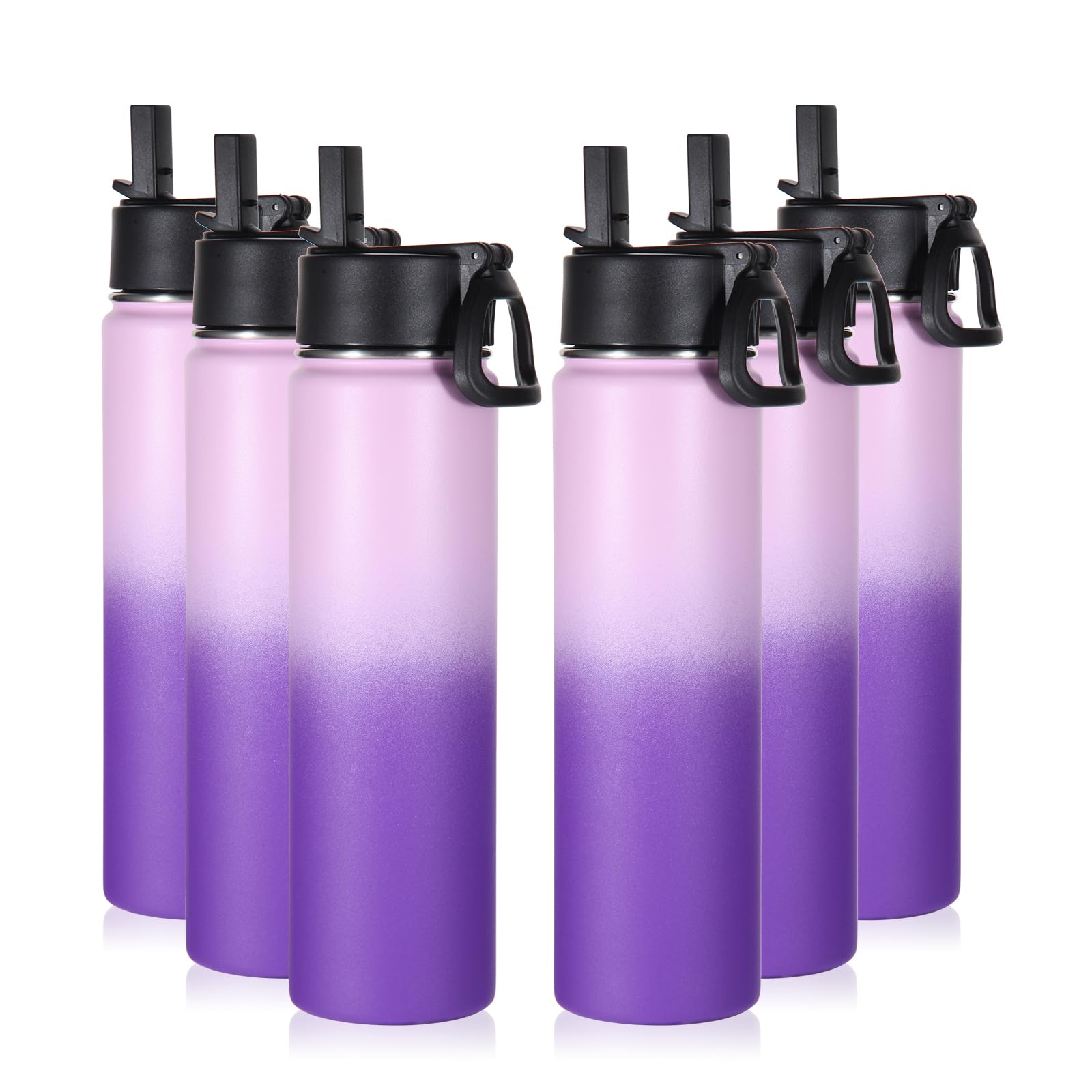 Volhoply 24oz Insulated Water Bottle With Straw Bulk 8 Pack,Metal Wide Mouth Water Bottles With Handle Lid Keep Cold,Reusable Double Wall Cups,Powder Coated Sport Bottle For Holder(silver,8 count)