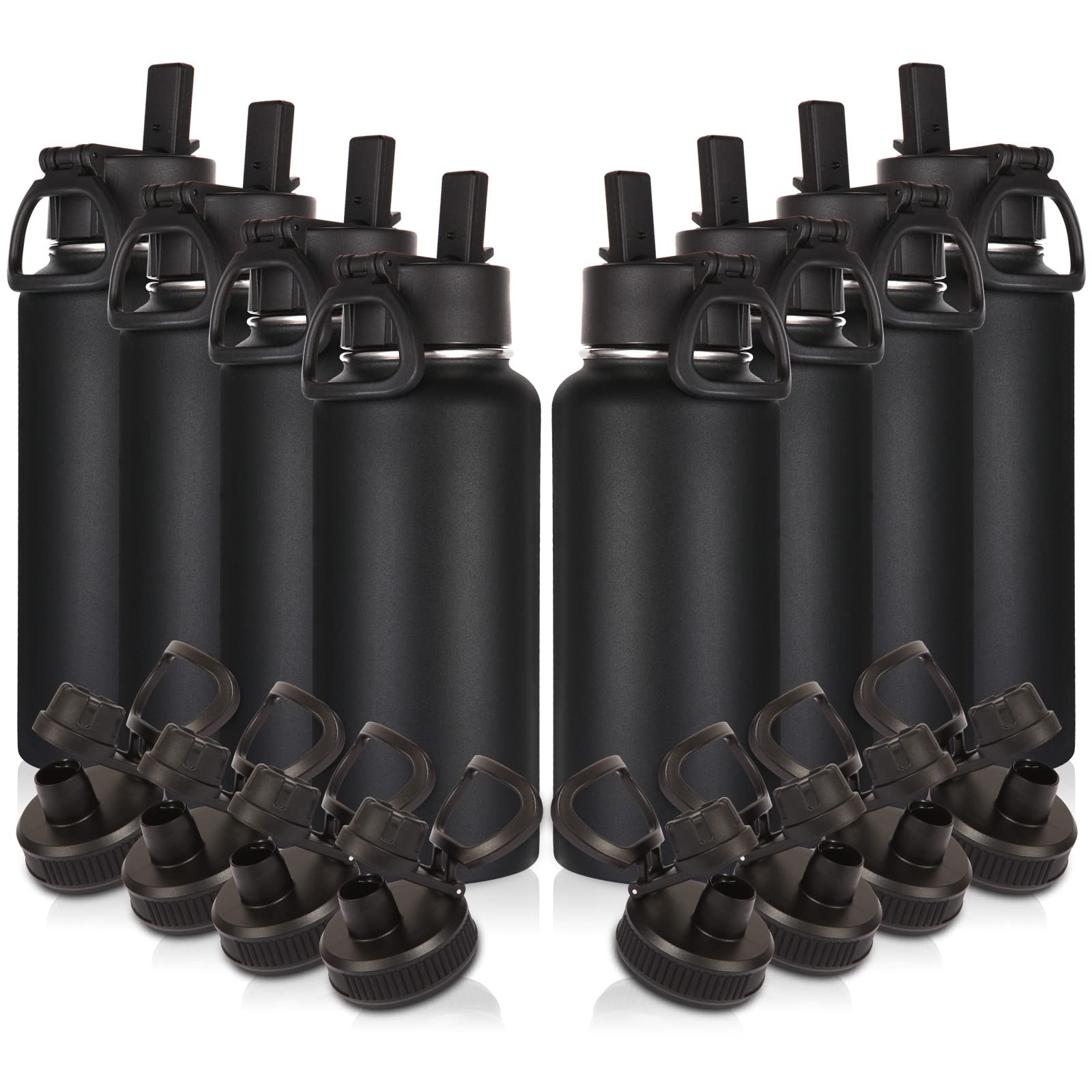 Volhoply 32 oz Insulated Water Bottles Bulk 8 Pack with Straw Lid & Spout Lid,Stainless Steel Sports Water Bottle,Double Wall Vacuum Cups,Leakproof Wide Mouth Metal Flask for Hiking,Camping(Mix,8)